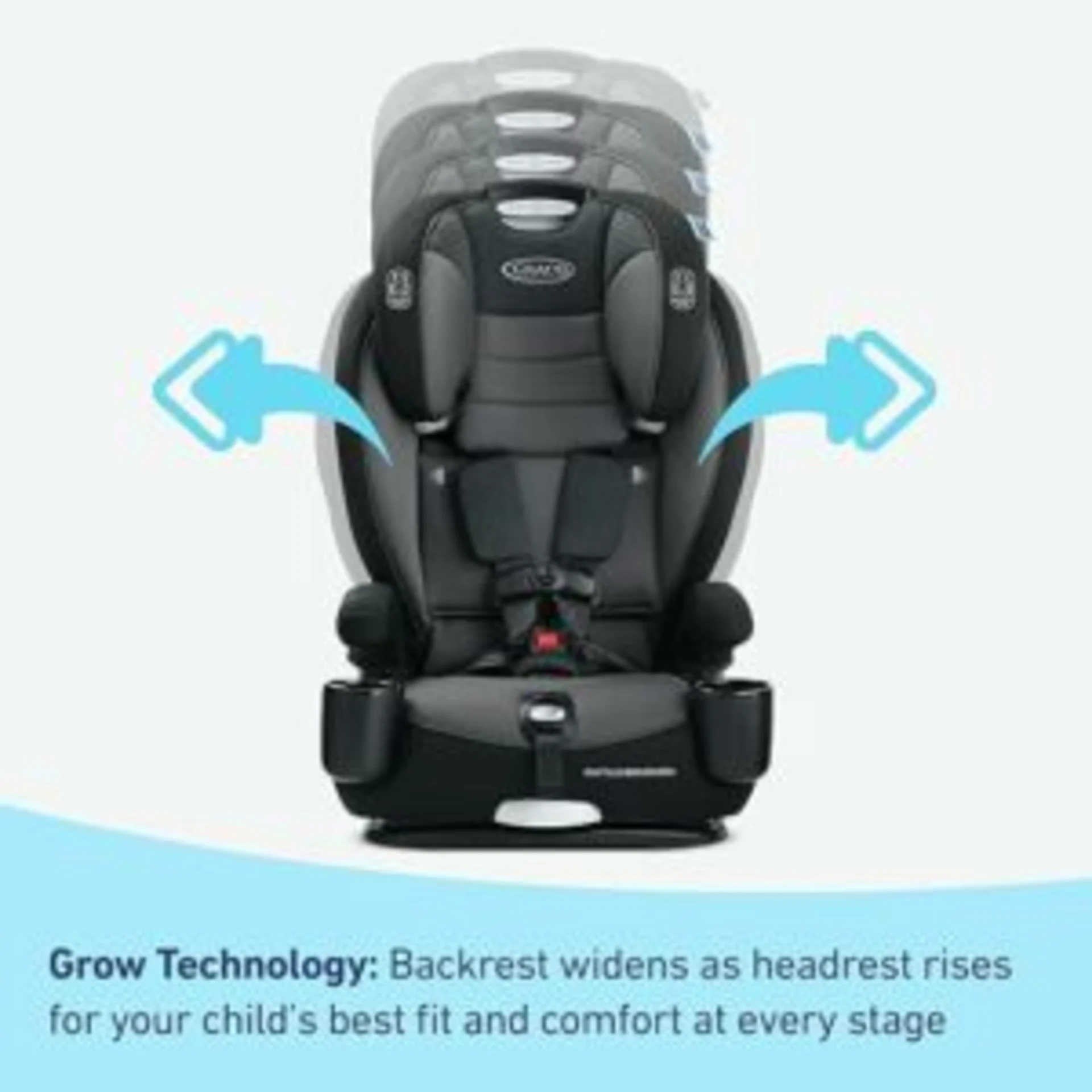 Graco Nautilus SnugLock Grow car seat showing Grow Technology with backrest widening and headrest rising illustrated by blue 