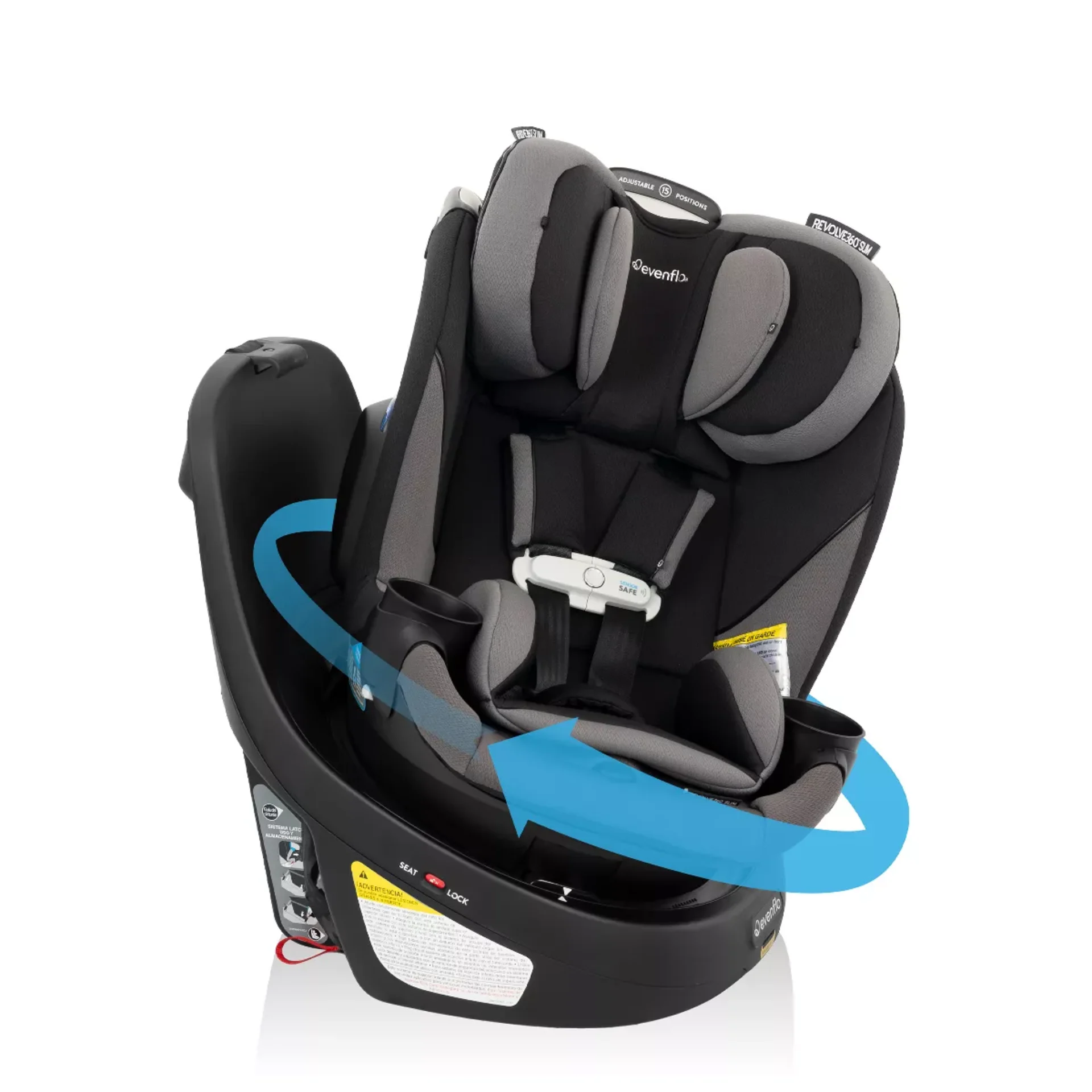 Evenflo Revolve360 Slim convertible car seat in black and gray showing 360-degree swivel rotation with blue arrow graphic
