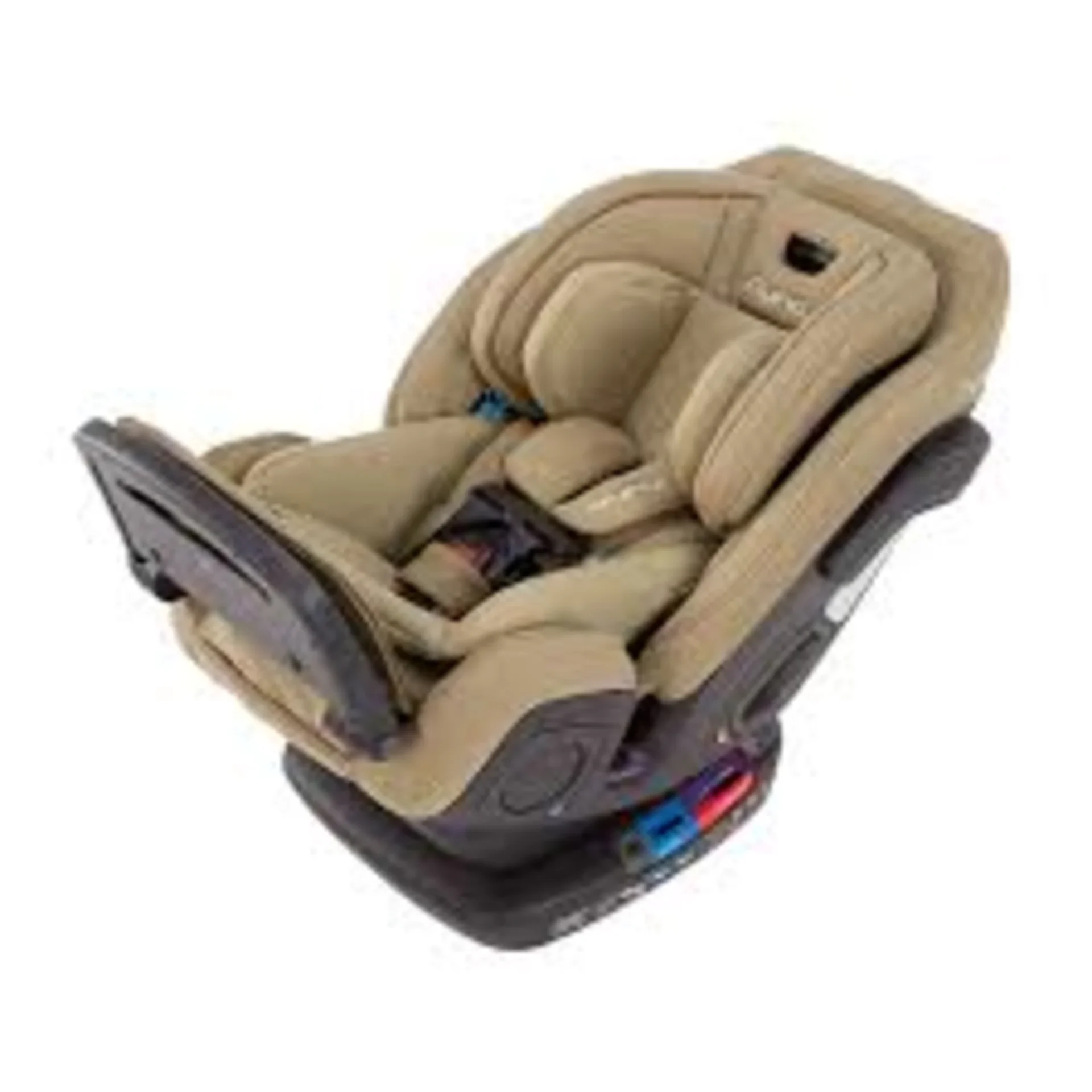 Nuna Exec convertible car seat in tan beige fabric with five-point harness and dark gray base viewed from above