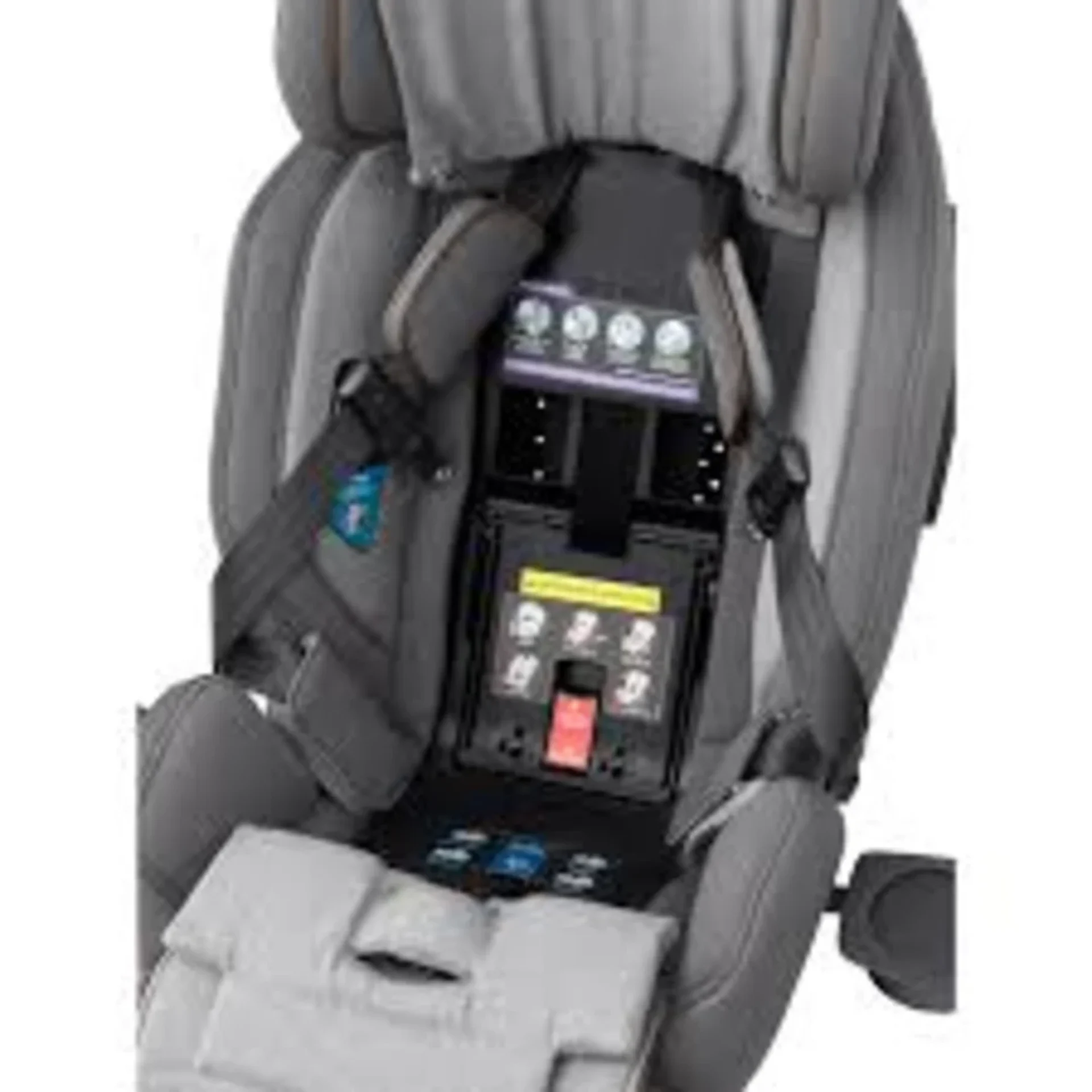 Nuna Exec convertible car seat in gray fabric showing LATCH connectors harness buckle and adjustment controls on white backgr