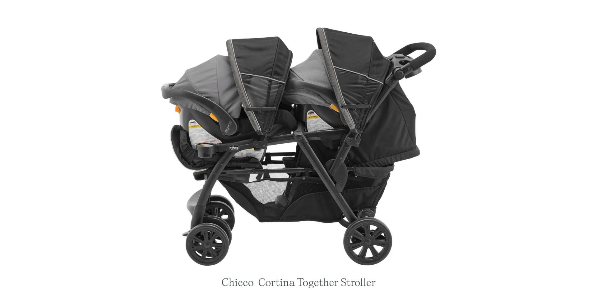 Chicco Cortina Together double stroller in charcoal black with two KeyFit infant car seats attached, shown on white backgroun