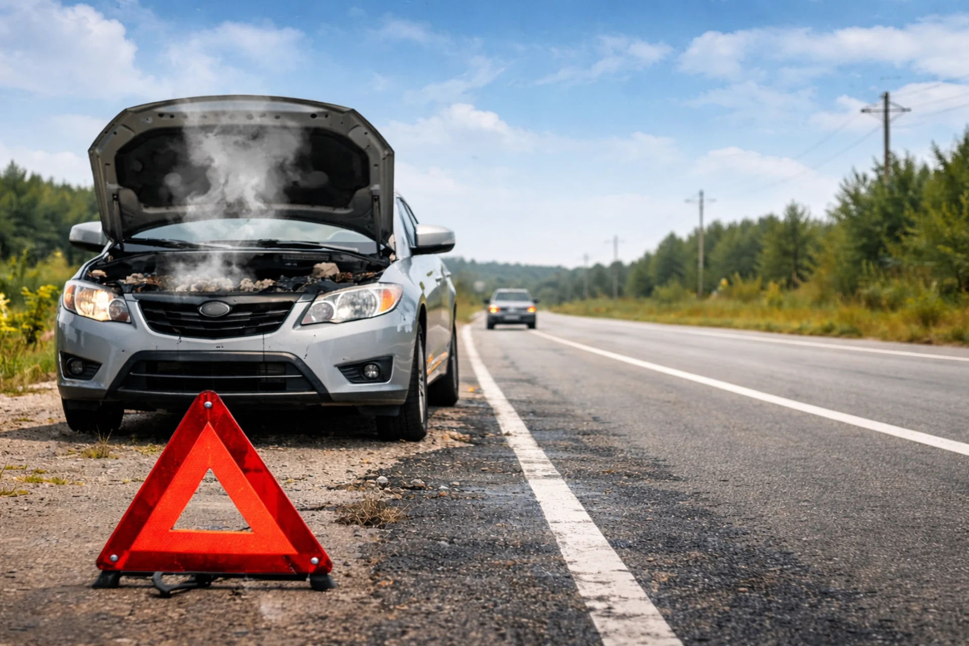 Silver car with smoking overheated engine and open hood parked on roadside shoulder with red emergency warning triangle on ru
