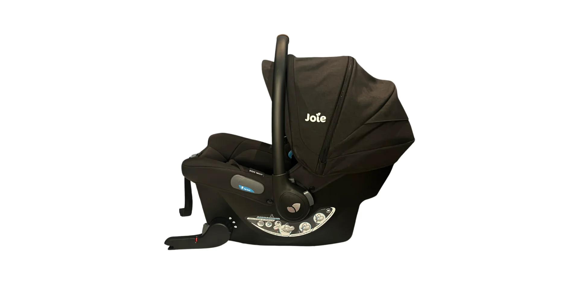 Joie Mint Latch infant car seat in black with extended sun canopy and carry handle shown from side profile on white backgroun