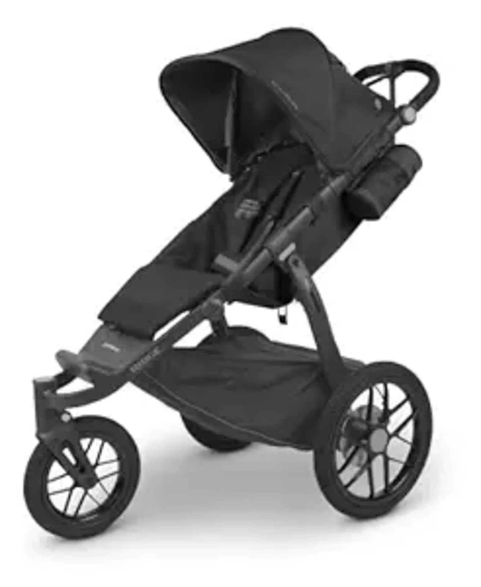 Black three-wheel jogging stroller with large air-filled tires, extended sun canopy, and padded seat on white background