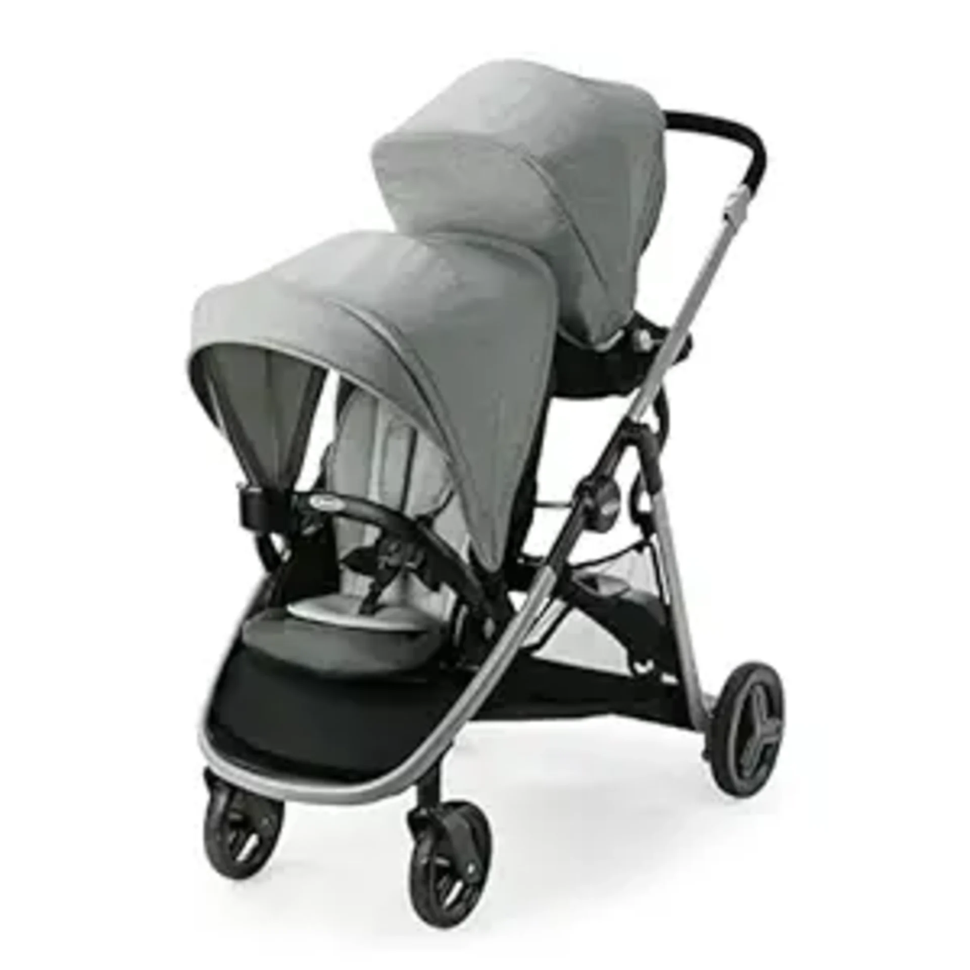 Graco Ready2Grow LX 2.0 double stroller in gray and black with two canopied seats and swivel front wheels