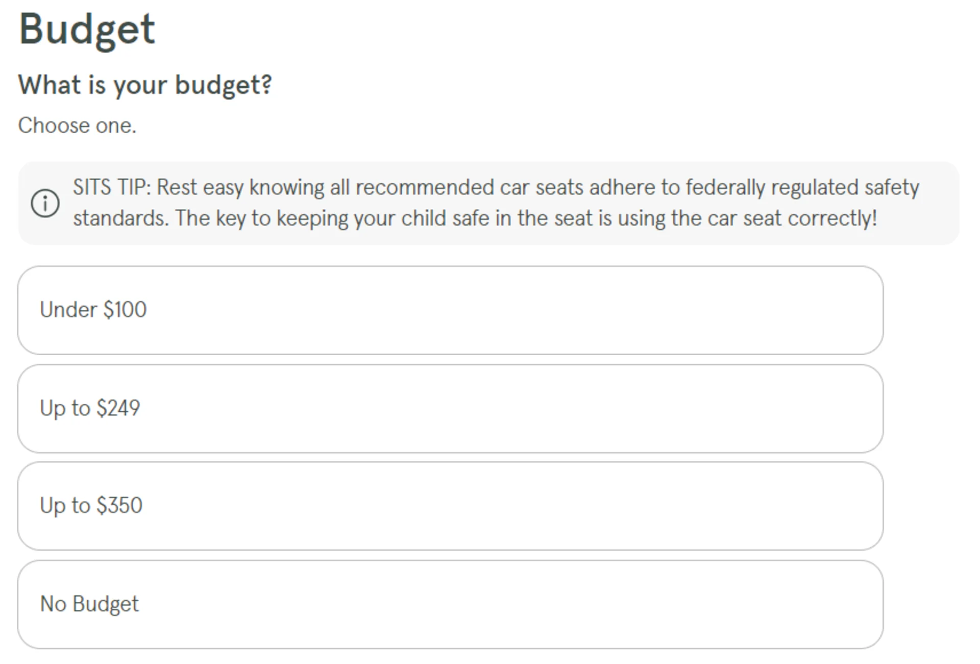 Safe in the Seat car seat finder tool budget selection screen showing four options: Under 100, Up to 249, Up to 350, and No B