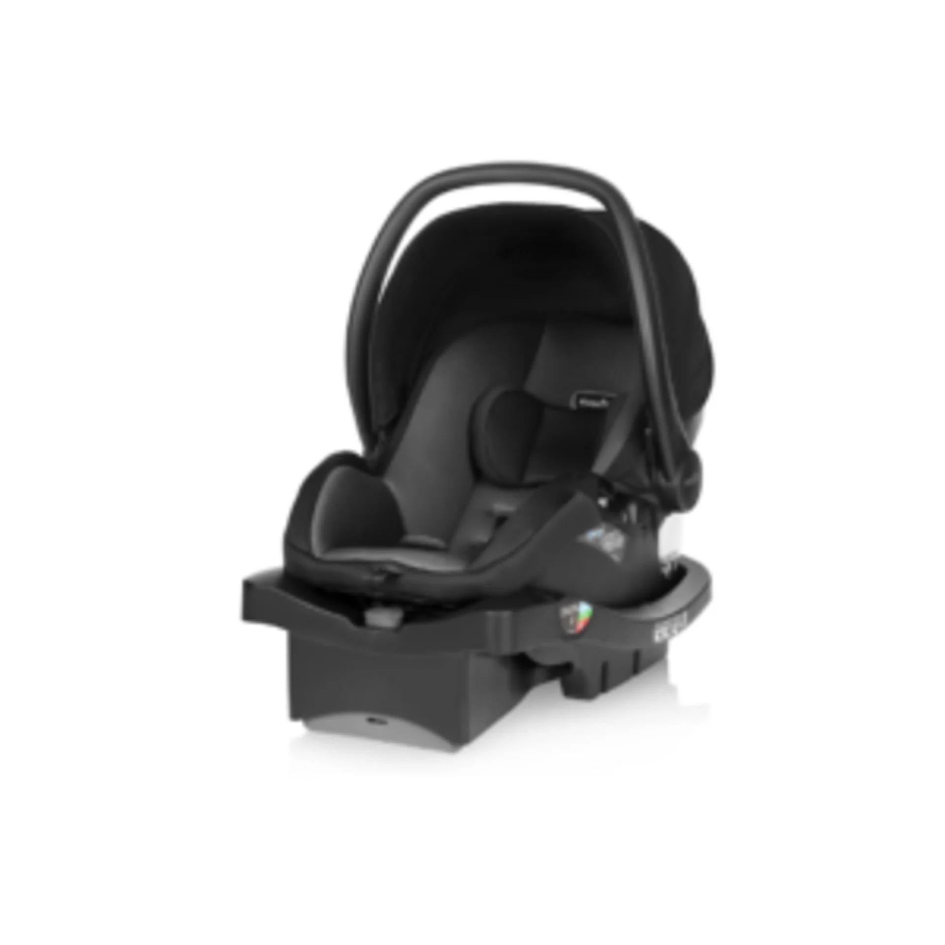 Black infant rear-facing car seat with carry handle and detachable base, listed as not recommended by safety experts