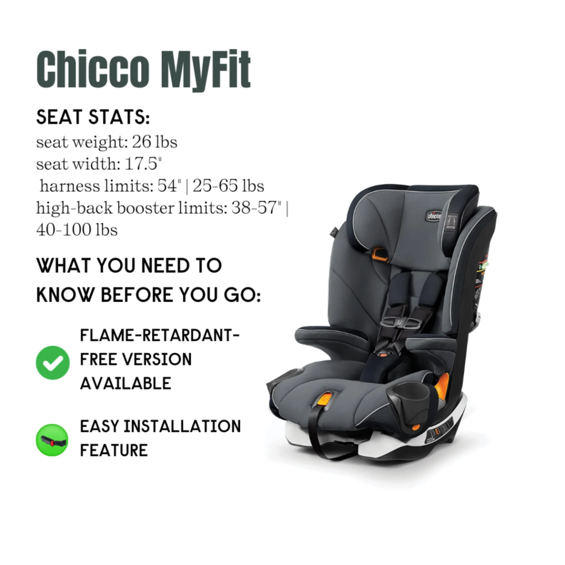 Chicco MyFit forward-facing harness and high-back booster car seat in dark gray with orange accents showing seat stats and ke