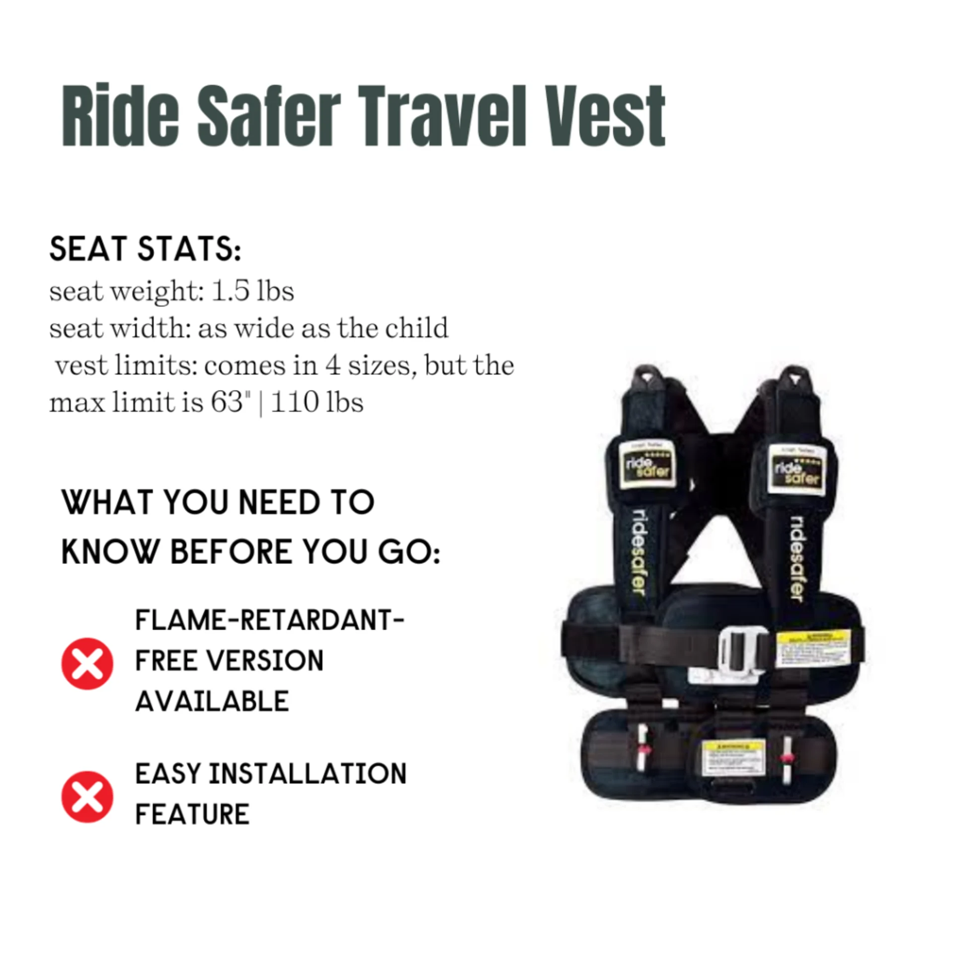 Ride Safer Travel Vest product infographic showing black harness vest specs: 1.5 lbs, up to 63 inches and 110 lbs, with key f