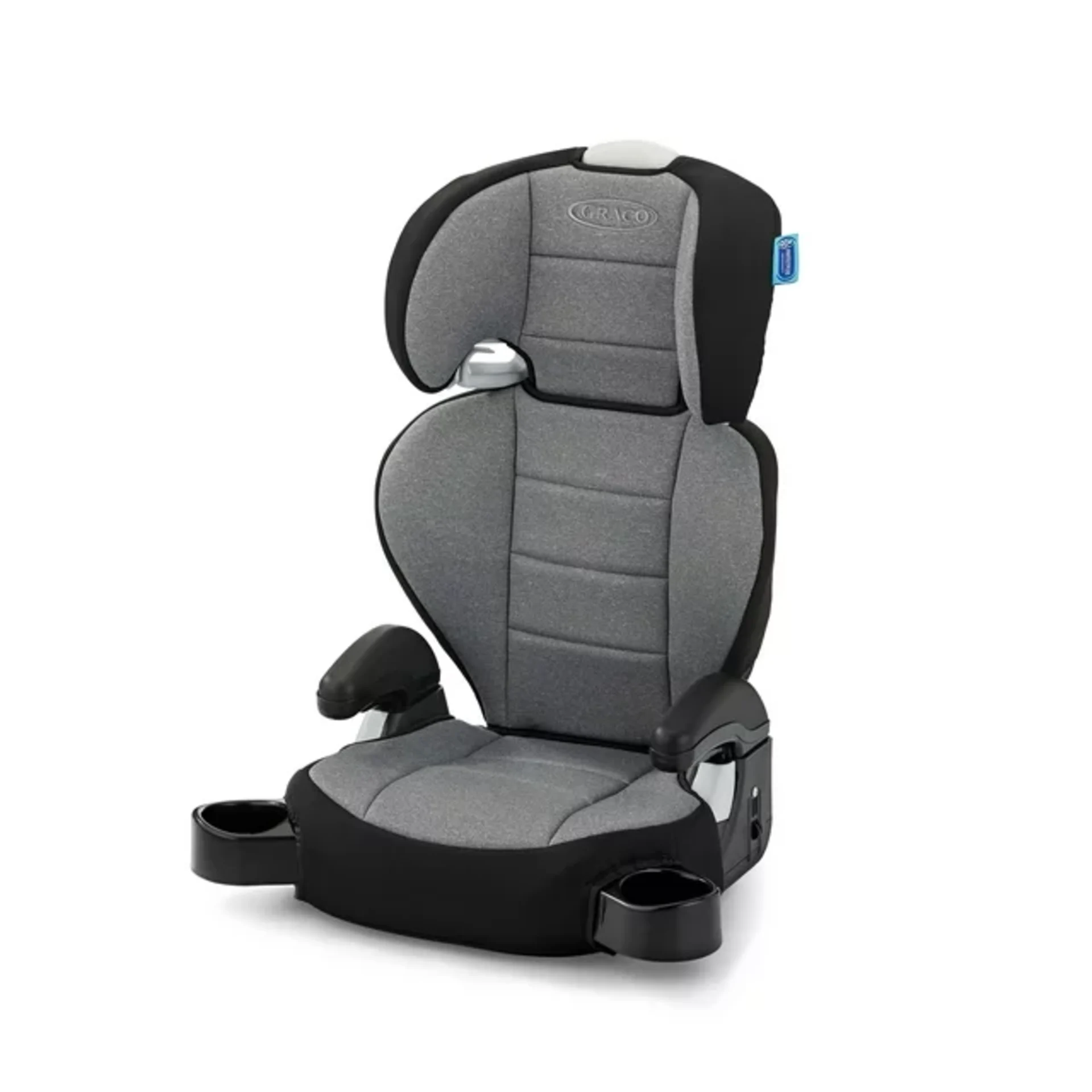 Graco TurboBooster 2.0 highback booster car seat in gray and black with padded armrests and dual cup holders