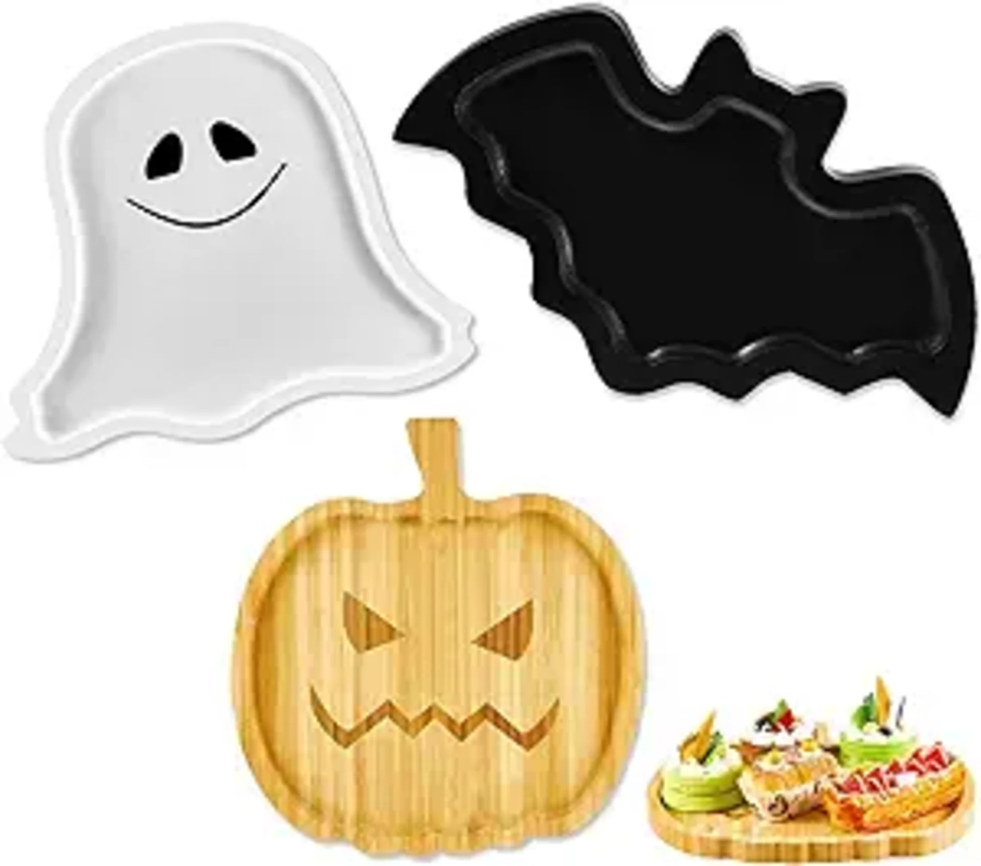 Set of three Halloween serving trays shaped like a white ghost, black bat, and bamboo jack-o-lantern pumpkin charcuterie boar