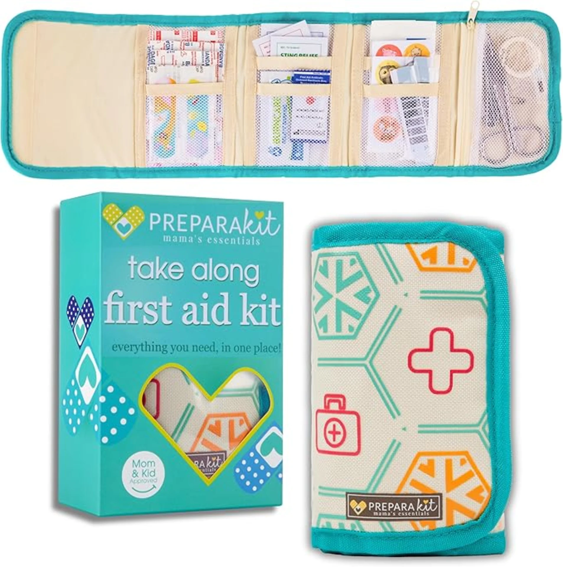 PreparaKit Mama's Essentials take along first aid kit shown open with bandages and supplies, plus teal box and compact zip po