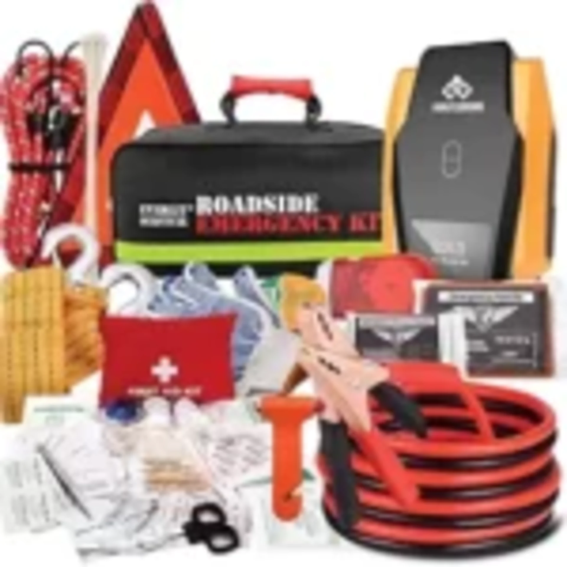 Complete roadside emergency kit including jumper cables, first aid kit, warning triangle, tow rope, and safety tools in a car