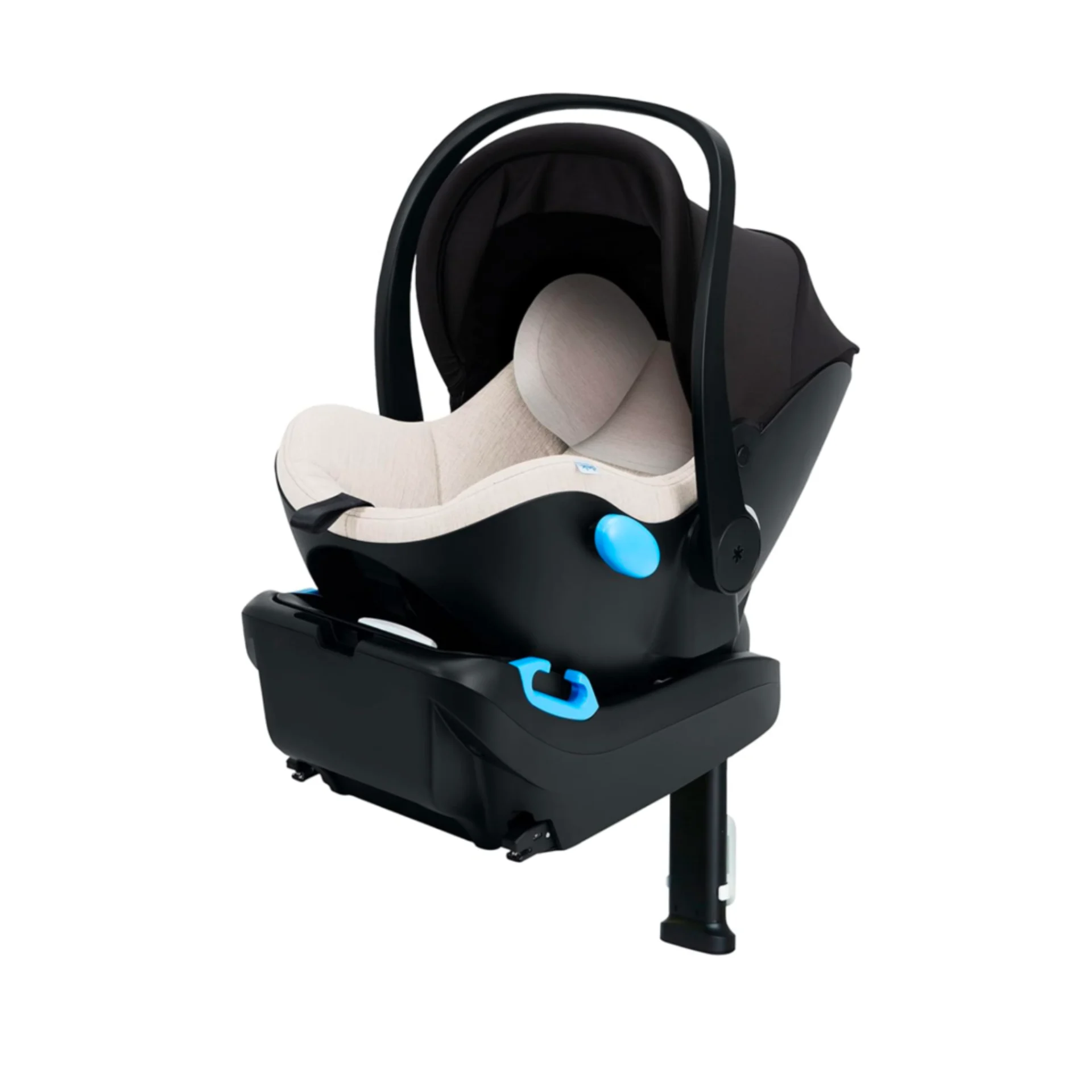Black infant car seat with beige cushioned insert mounted on a load leg safety base with blue release buttons