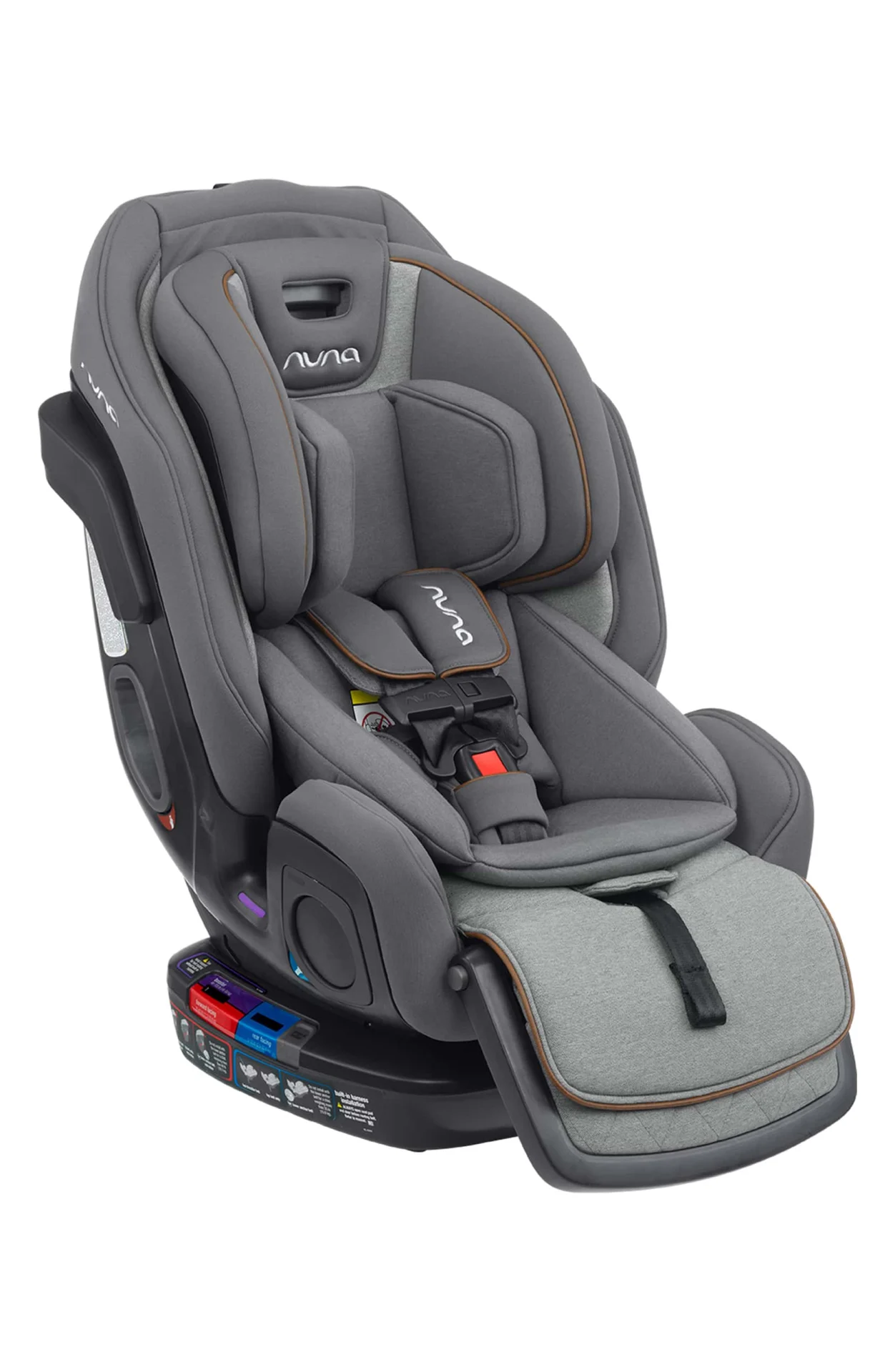 Nuna EXEC convertible car seat in gray with five-point harness, cushioned headrest, and tan accent piping on white background