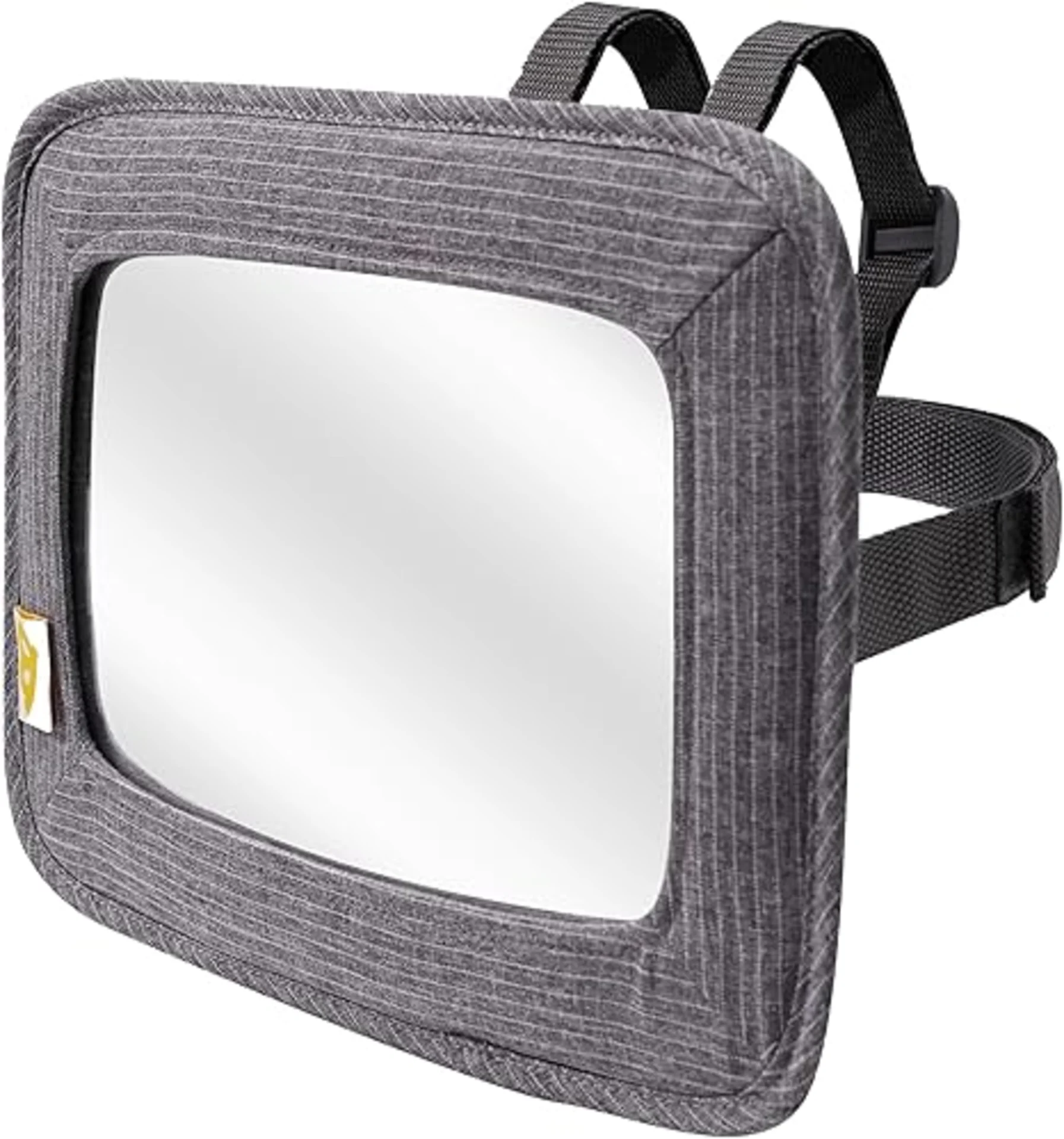 GoldBug soft-sided baby car mirror with gray fabric frame and adjustable black nylon straps for rear-facing car seat monitori