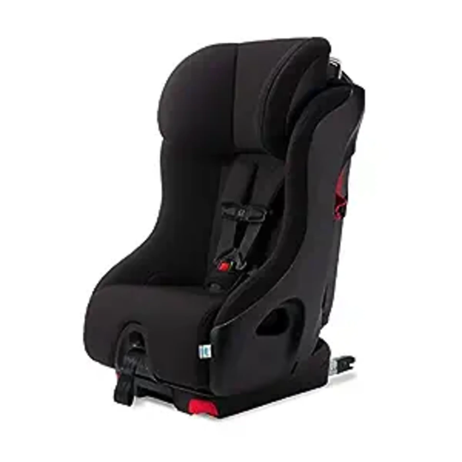 Clek Foonf convertible car seat in black with 5-point harness and red LATCH connectors for 3-across vehicle installation