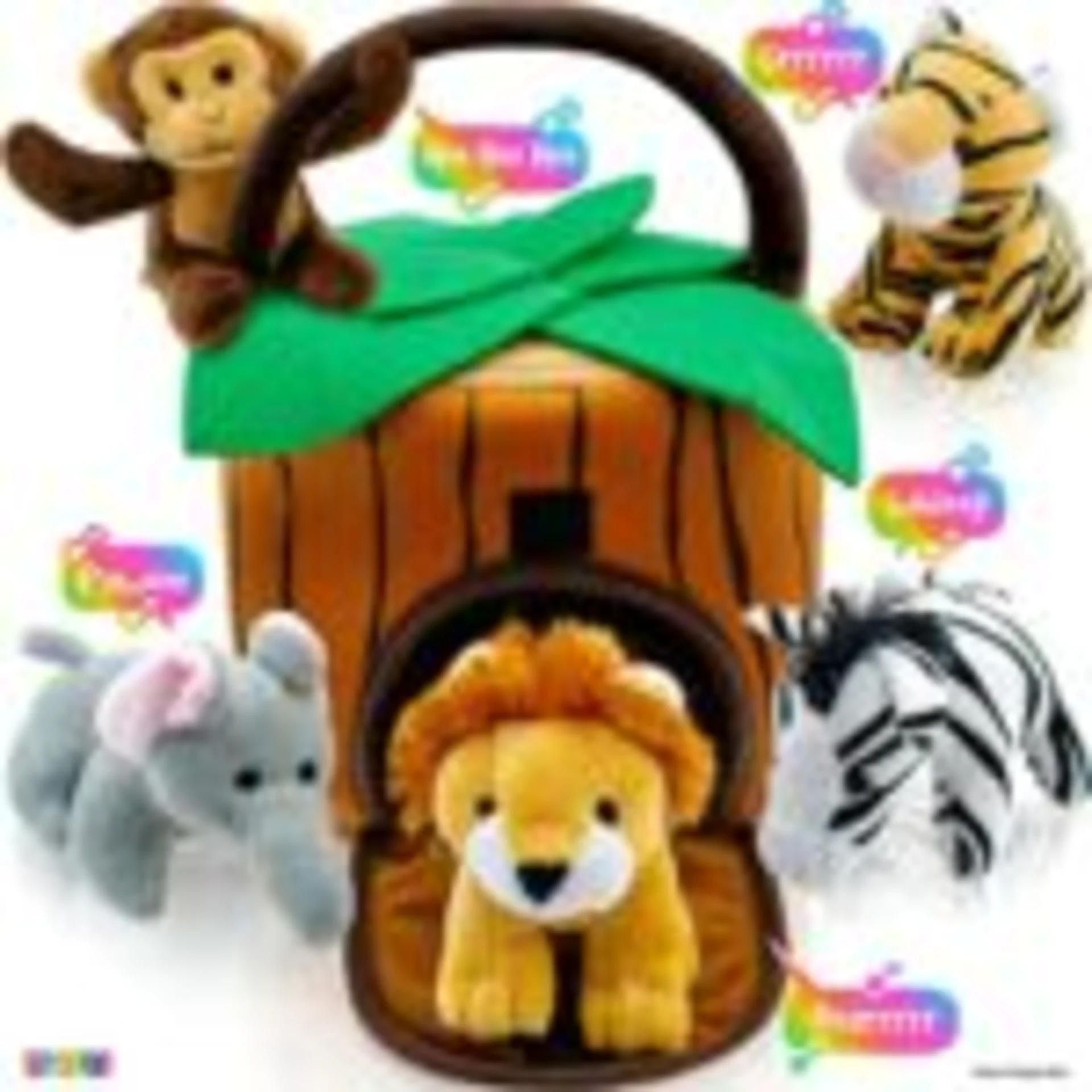 Play22 plush stuffed jungle animal set featuring lion monkey elephant zebra and tiger with brown treehouse carrier bag