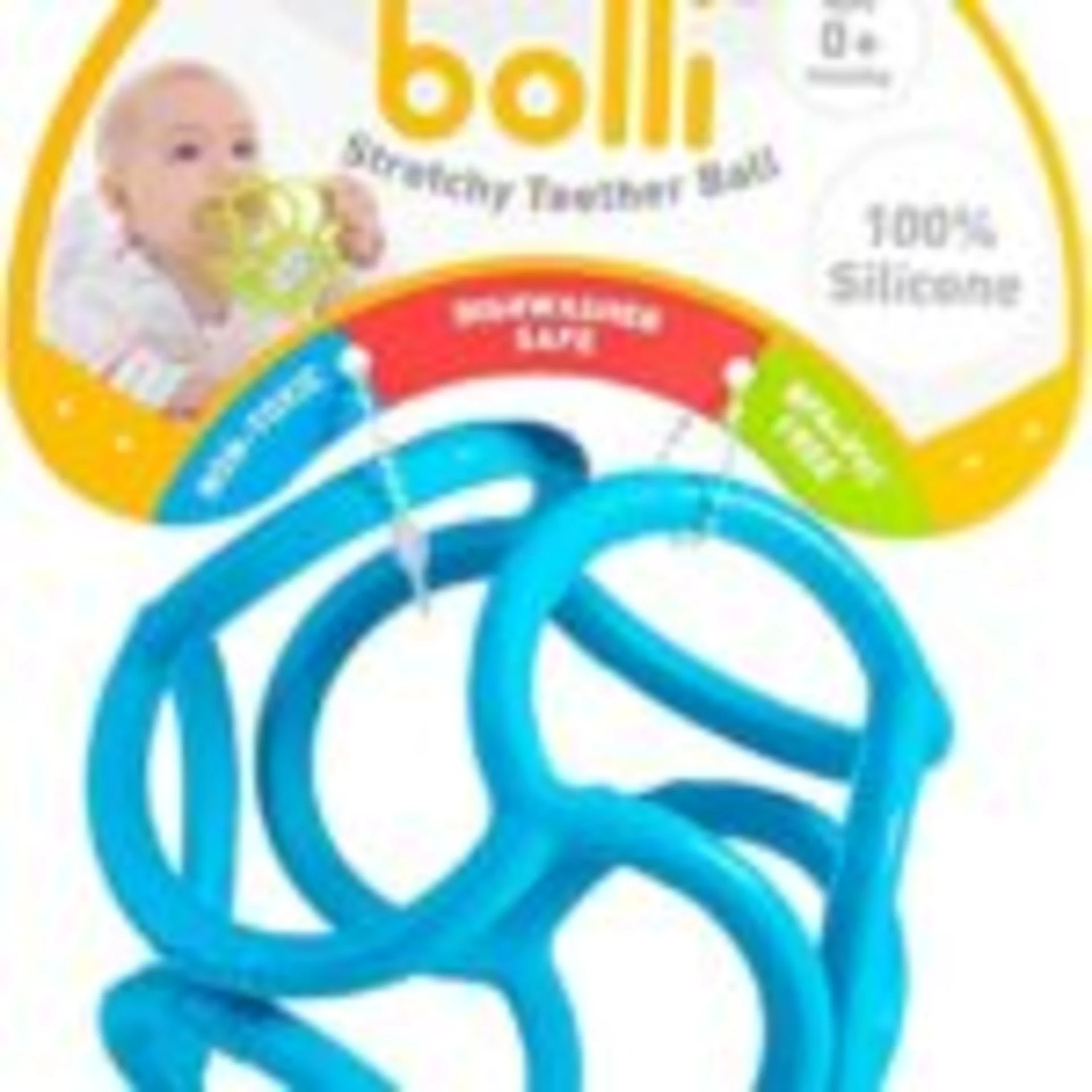 Bolli blue 100% silicone stretchy teether ball for babies 0 months and up, dishwasher safe and non-toxic