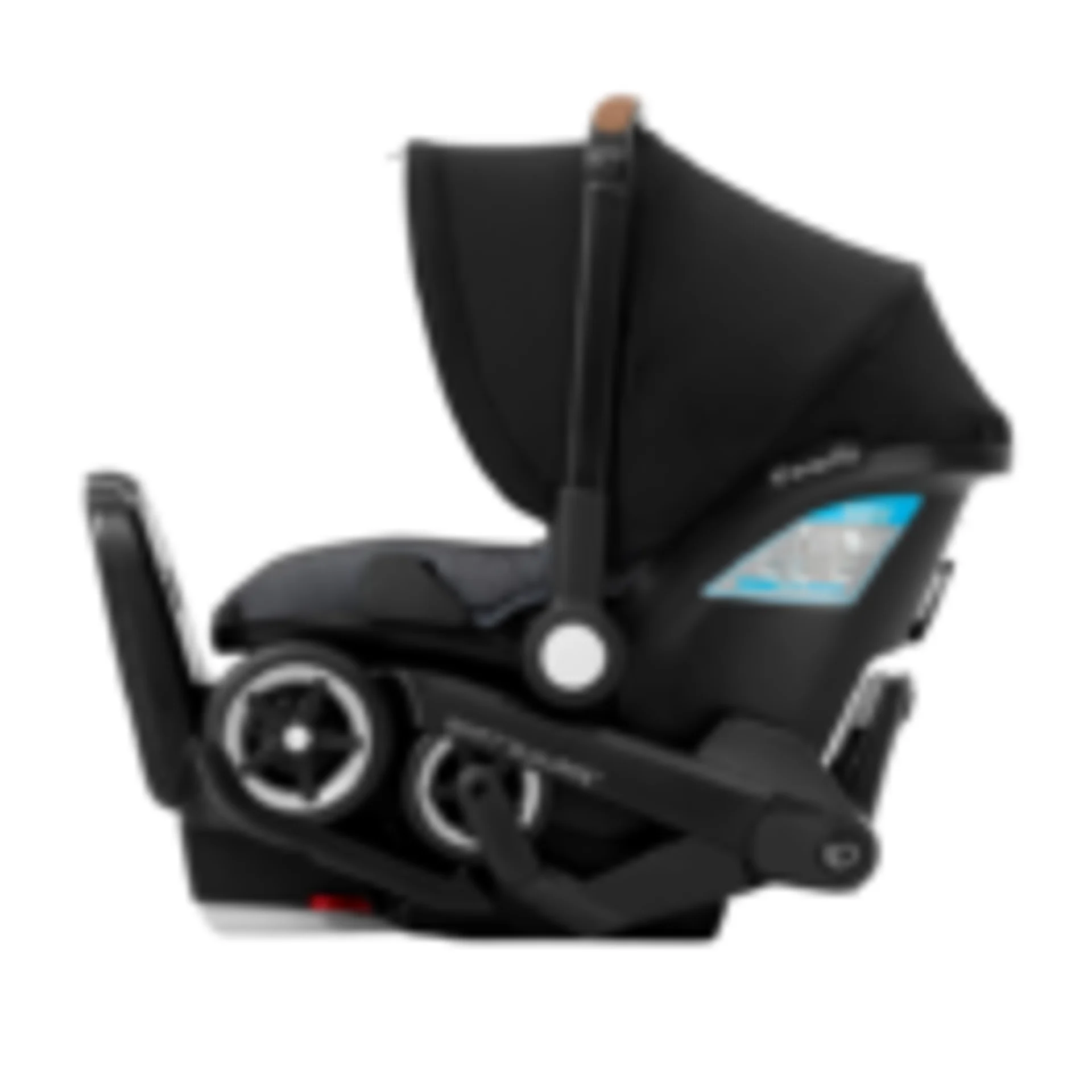 Evenflo Shyft DualRide infant car seat in black with canopy and base shown from side angle on white background