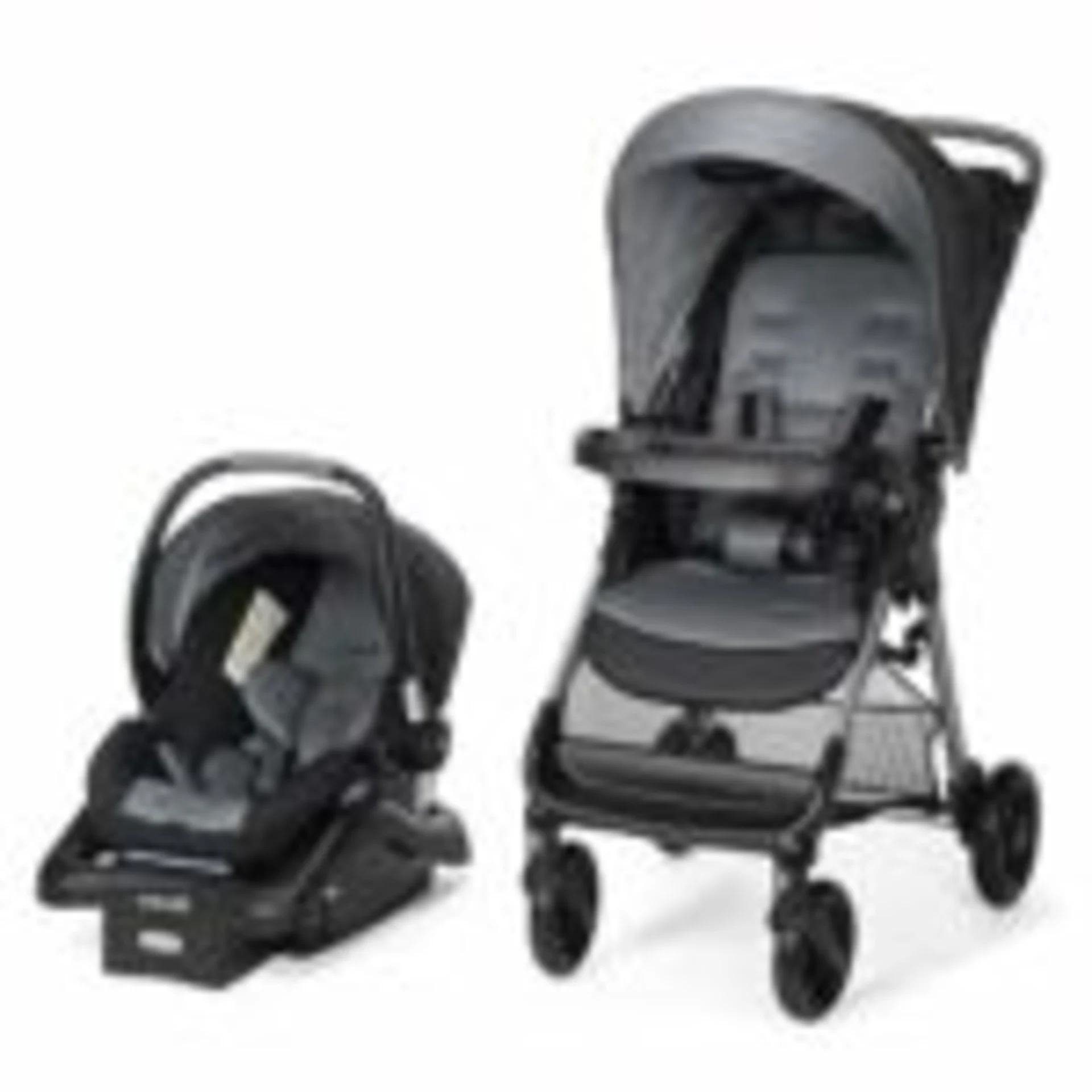 Safety 1st Smooth Ride travel system with gray infant car seat on base and matching four-wheel stroller with canopy