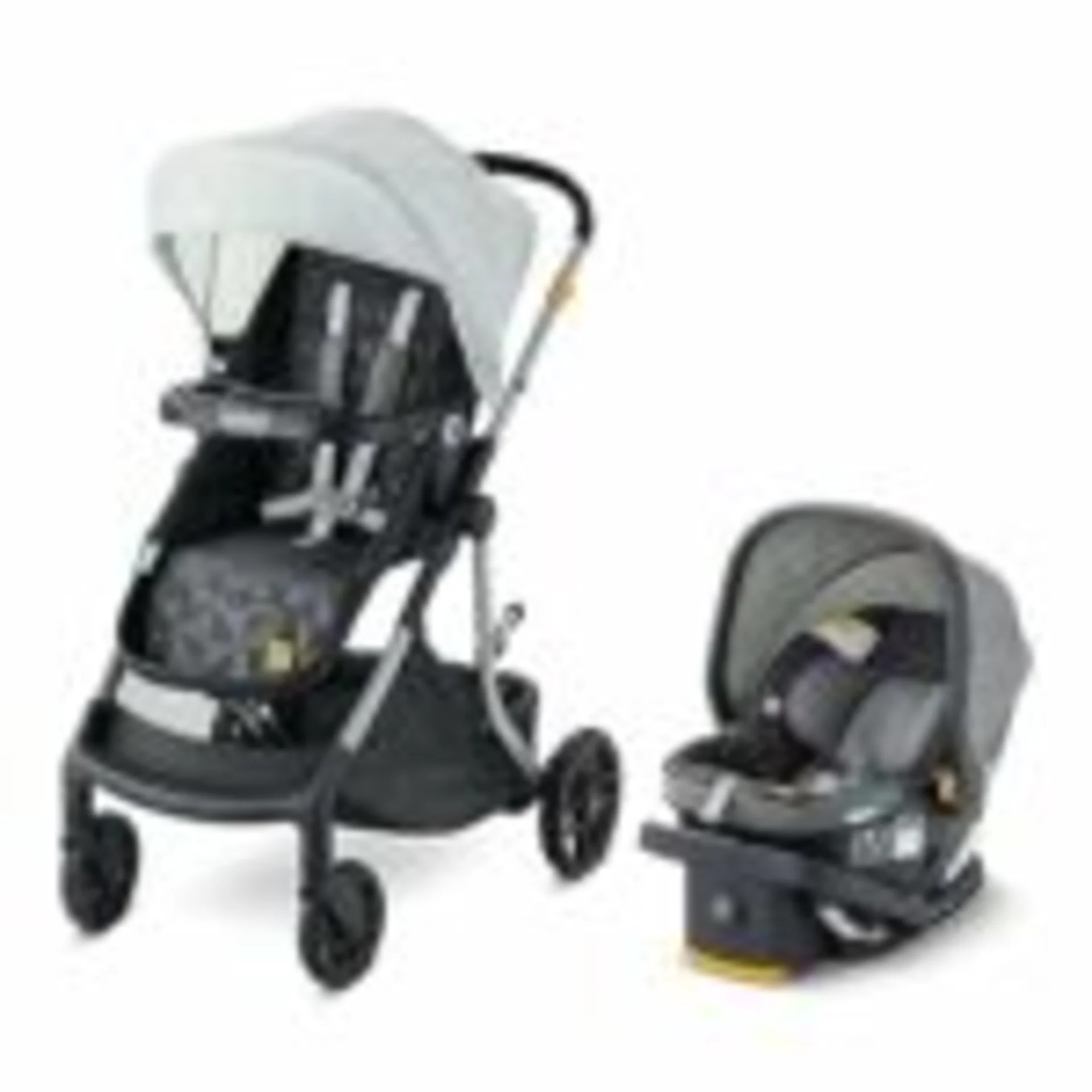 Century Swap On baby travel system featuring a light gray canopy stroller with black frame and matching infant car seat with 