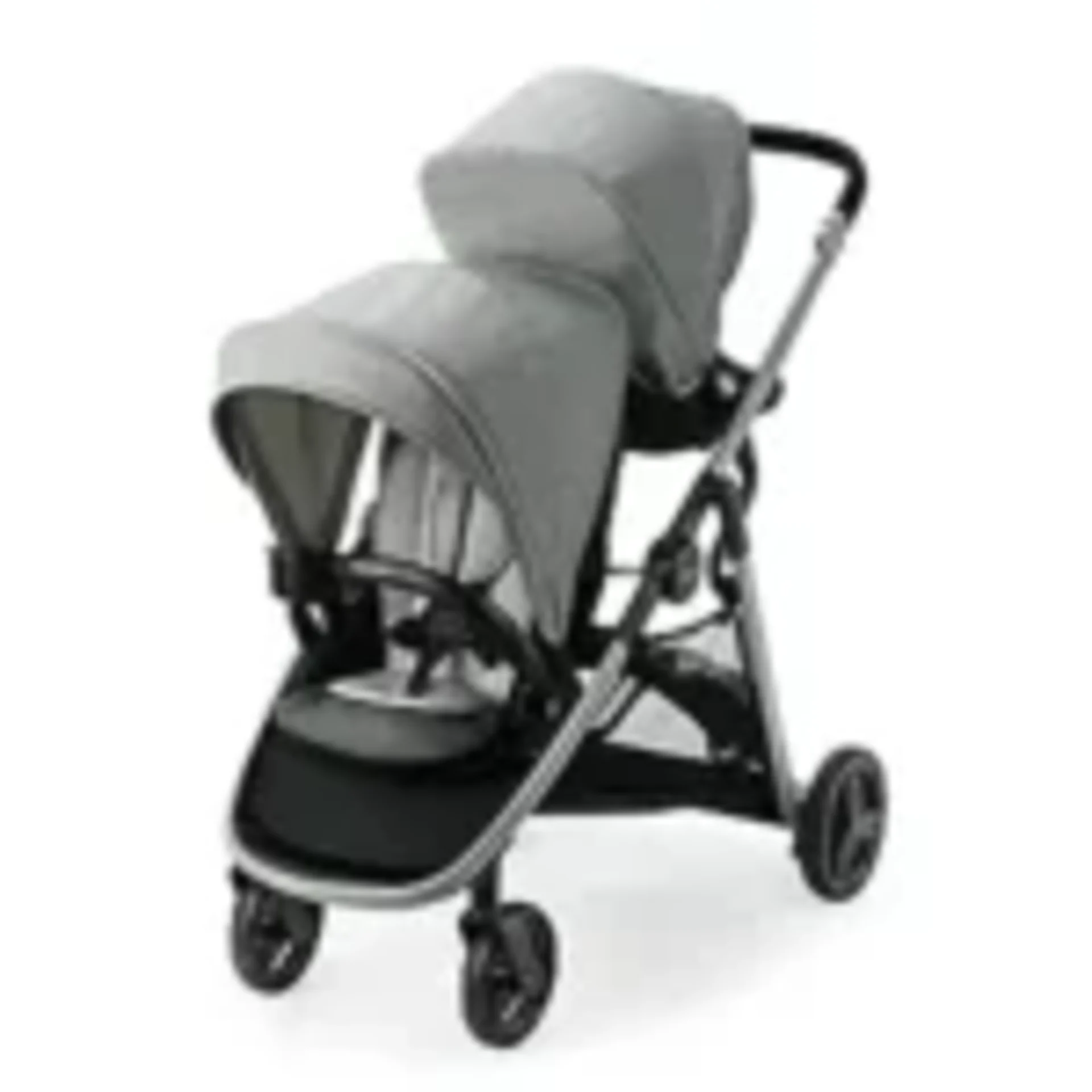 Graco Ready2Grow LX 2.0 double tandem stroller in gray with dual canopies and black frame on white background