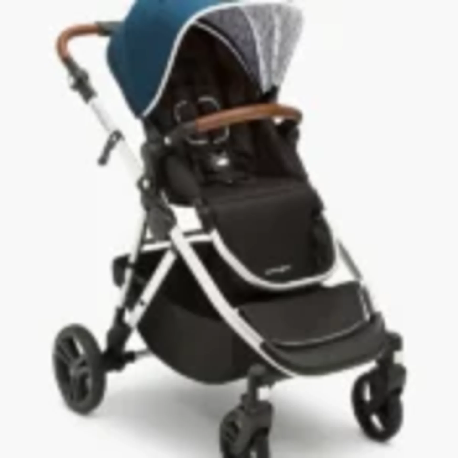 Mockingbird Single-to-Double Stroller with teal canopy, black seat, brown leather handlebar, and silver frame on white backgr