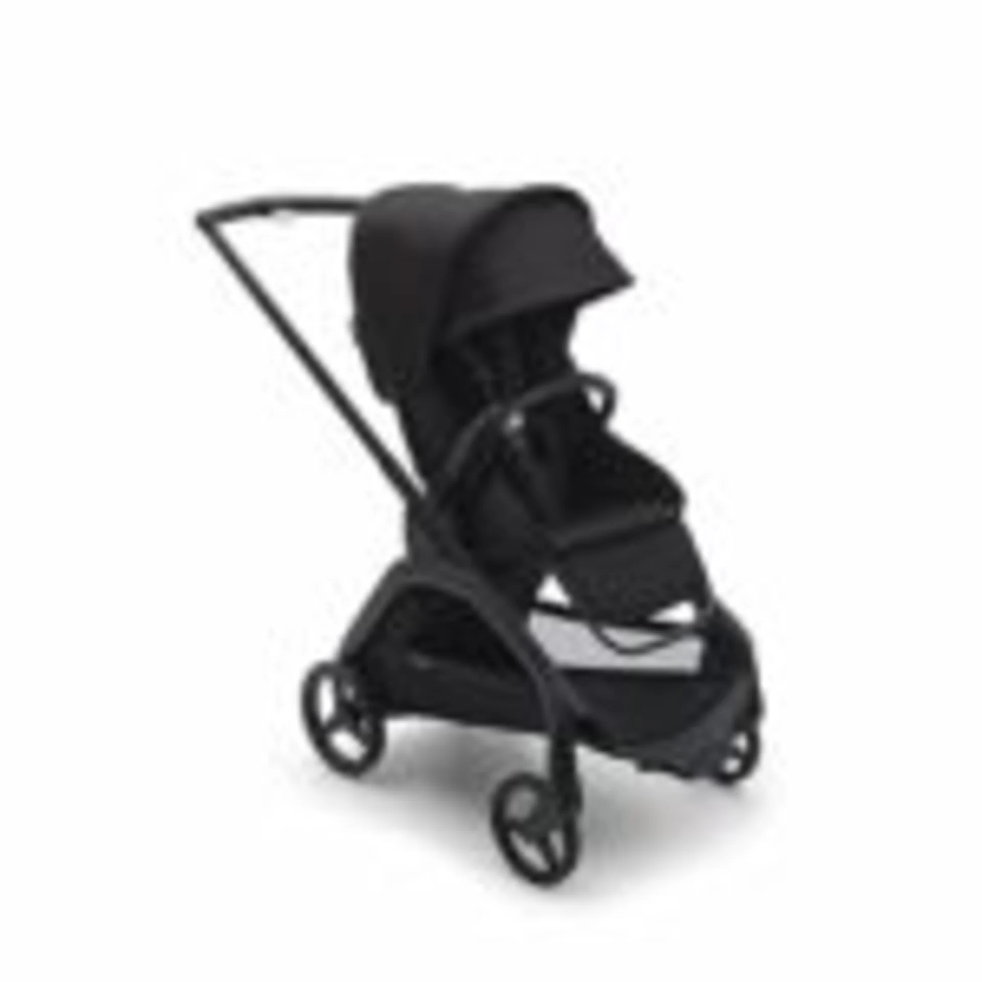 Bugaboo Dragonfly city stroller in all-black finish with extendable canopy, safety bumper bar, and four-wheel frame on white 