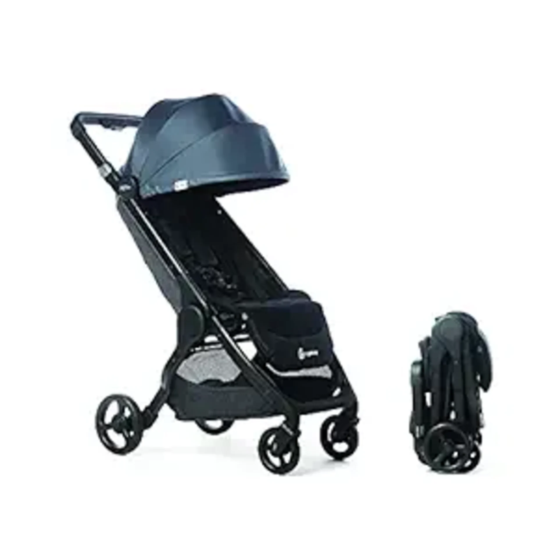 Ergobaby Metro Plus compact baby stroller in slate blue and black shown open and in its folded compact position