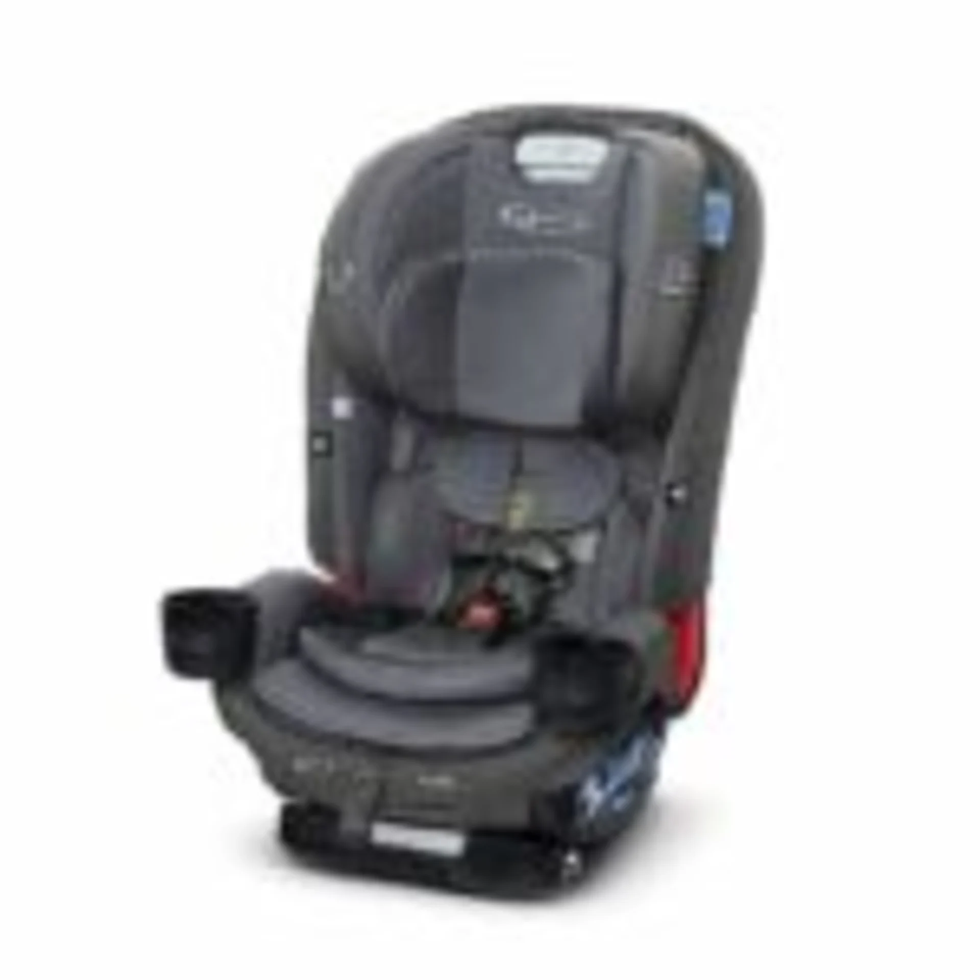 Gray convertible toddler car seat with 5-point harness, padded headrest, and adjustable side wings on white background