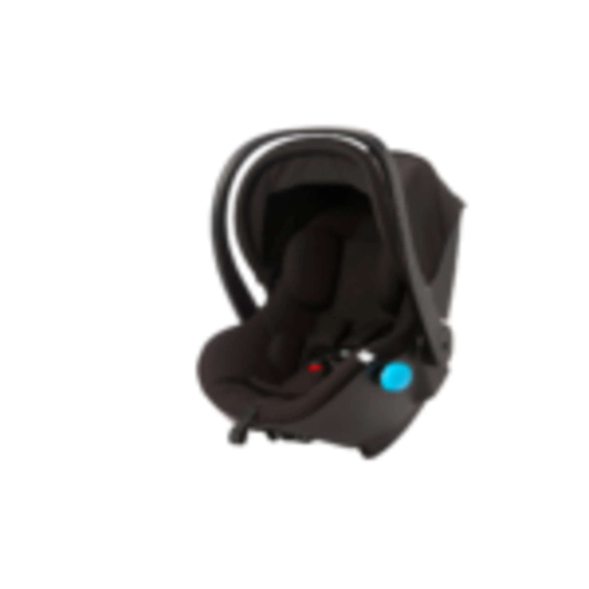 Clek Liingo infant car seat in black with carry handle canopy and blue release button on white background