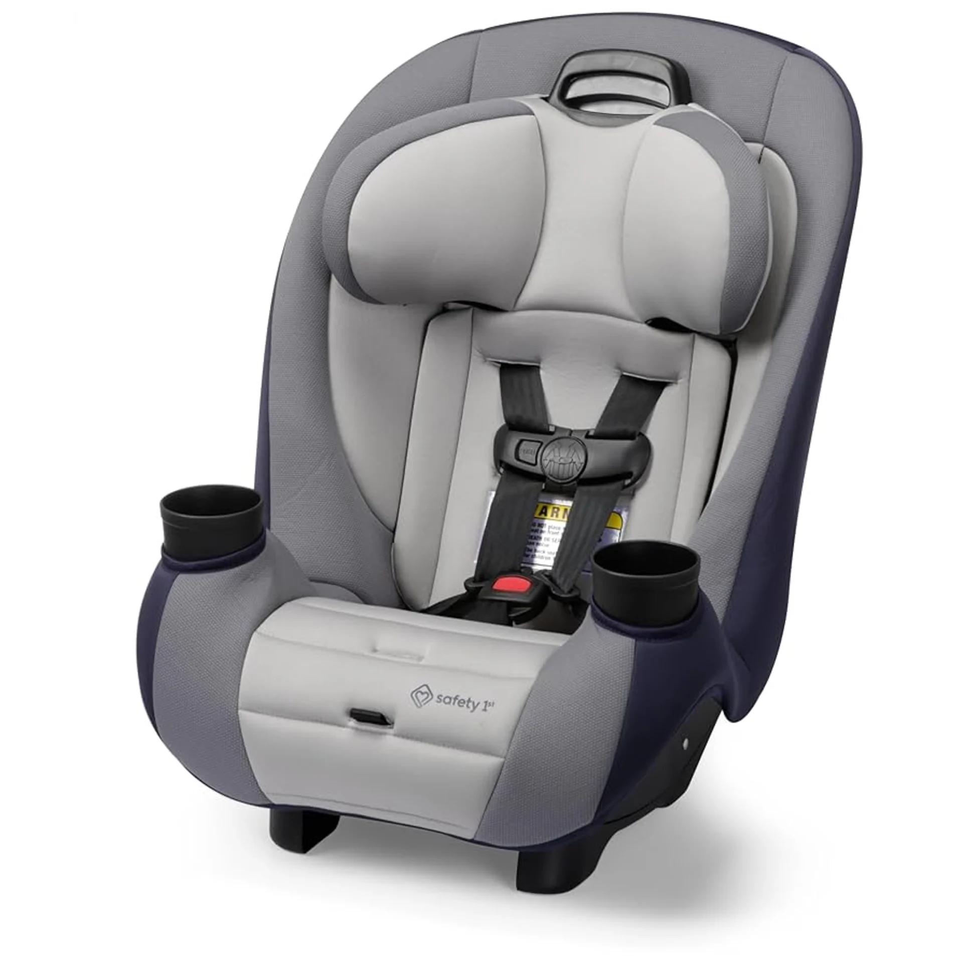 Safety 1st convertible car seat in navy and light grey with 5-point harness buckle and dual cup holders