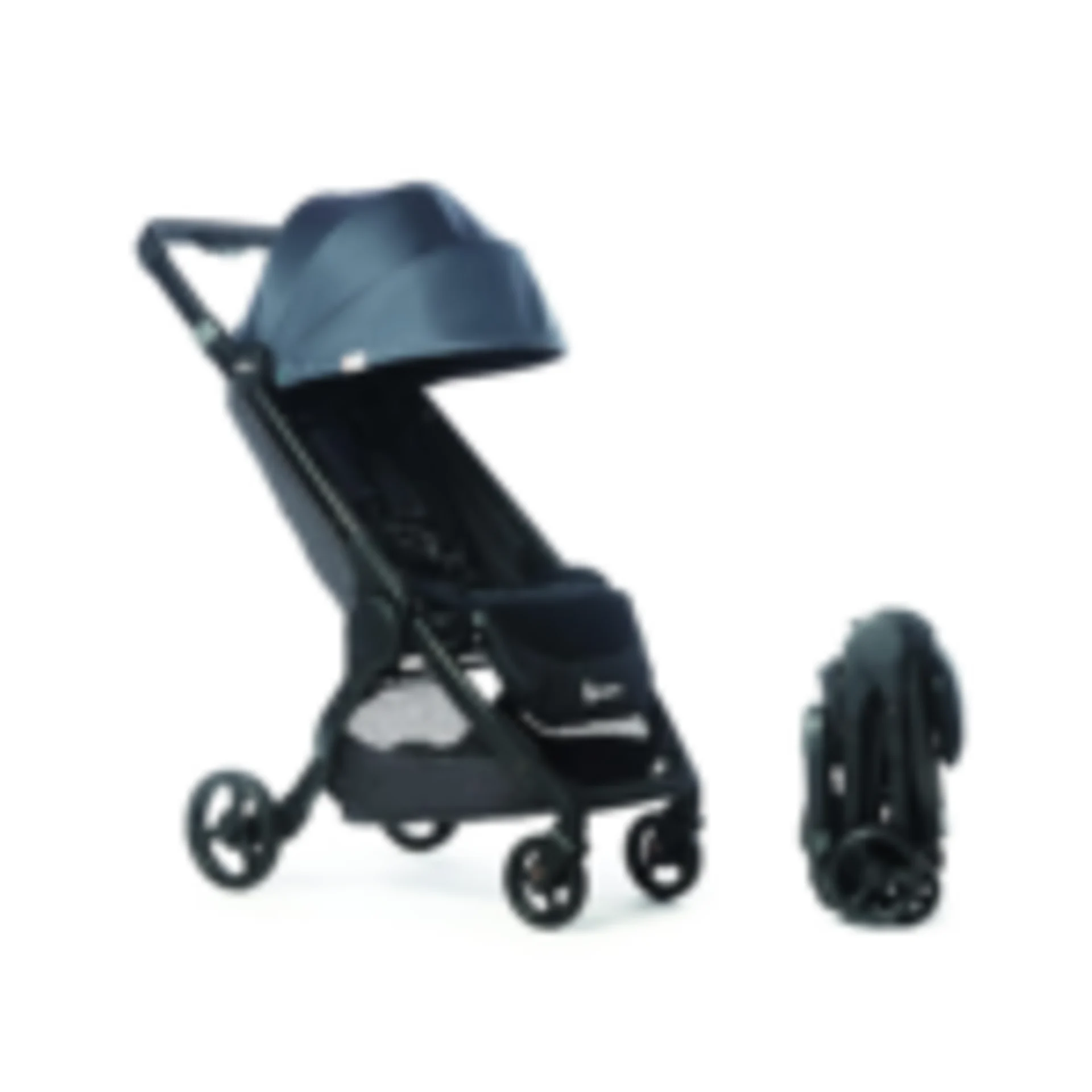 Navy and black compact travel stroller shown open beside its folded compact form for easy Disney World navigation