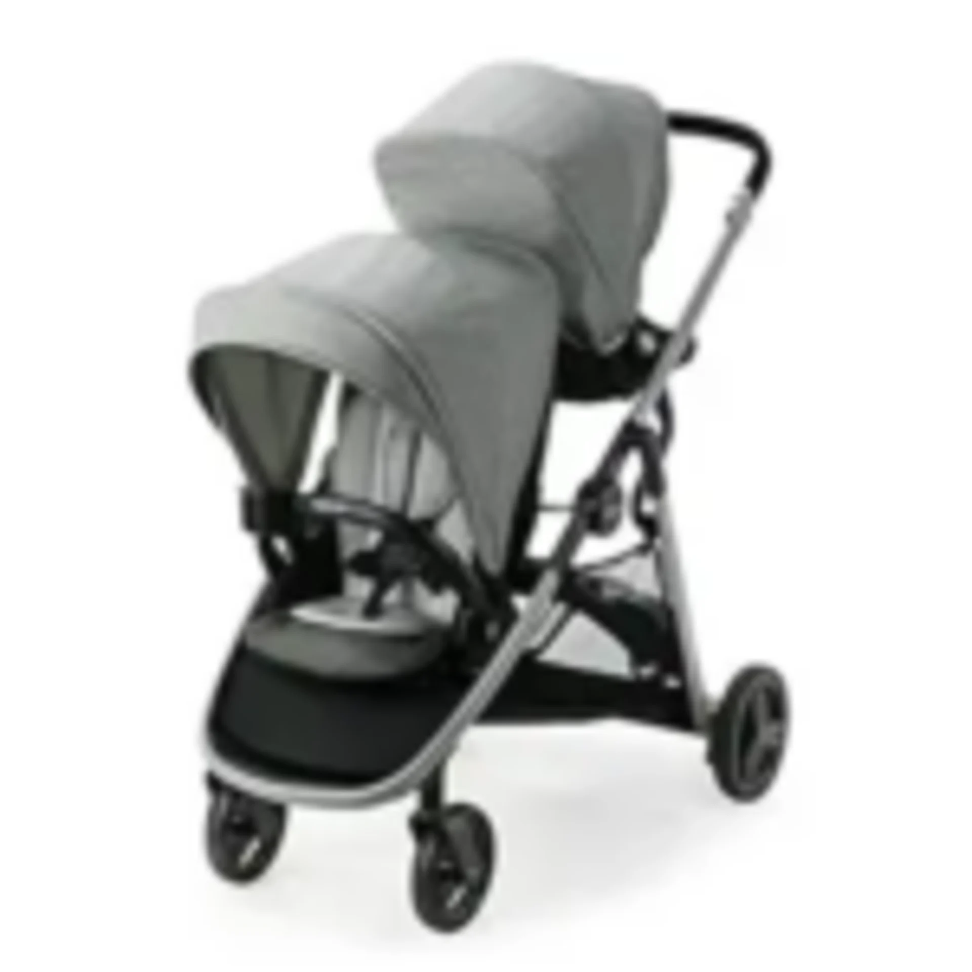 Gray double tandem baby stroller with two canopies and black frame ideal for navigating Disney World with two children