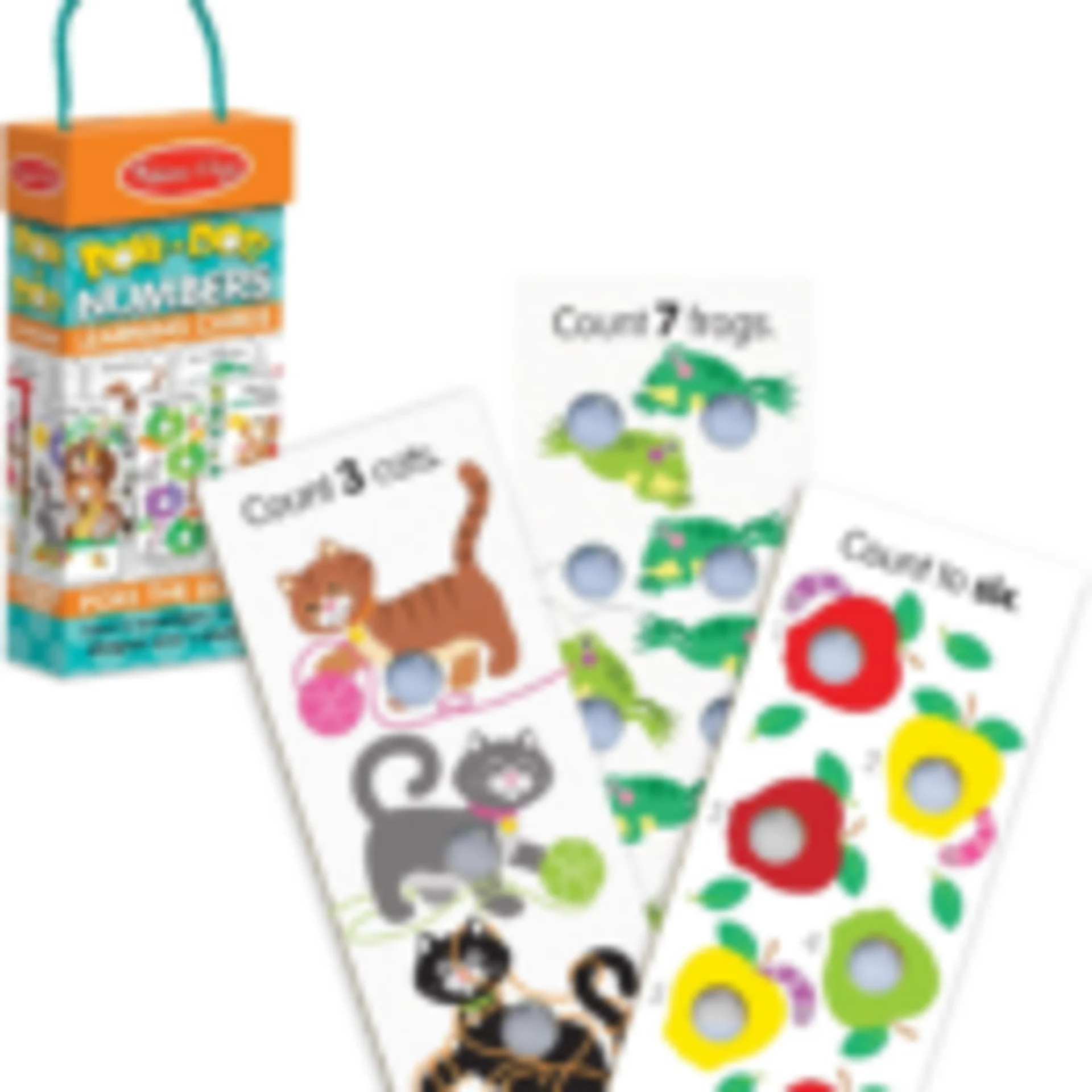 Melissa and Doug Pop Dot Numbers learning cards for toddlers showing counting cards with cats frogs and fruit with colorful d