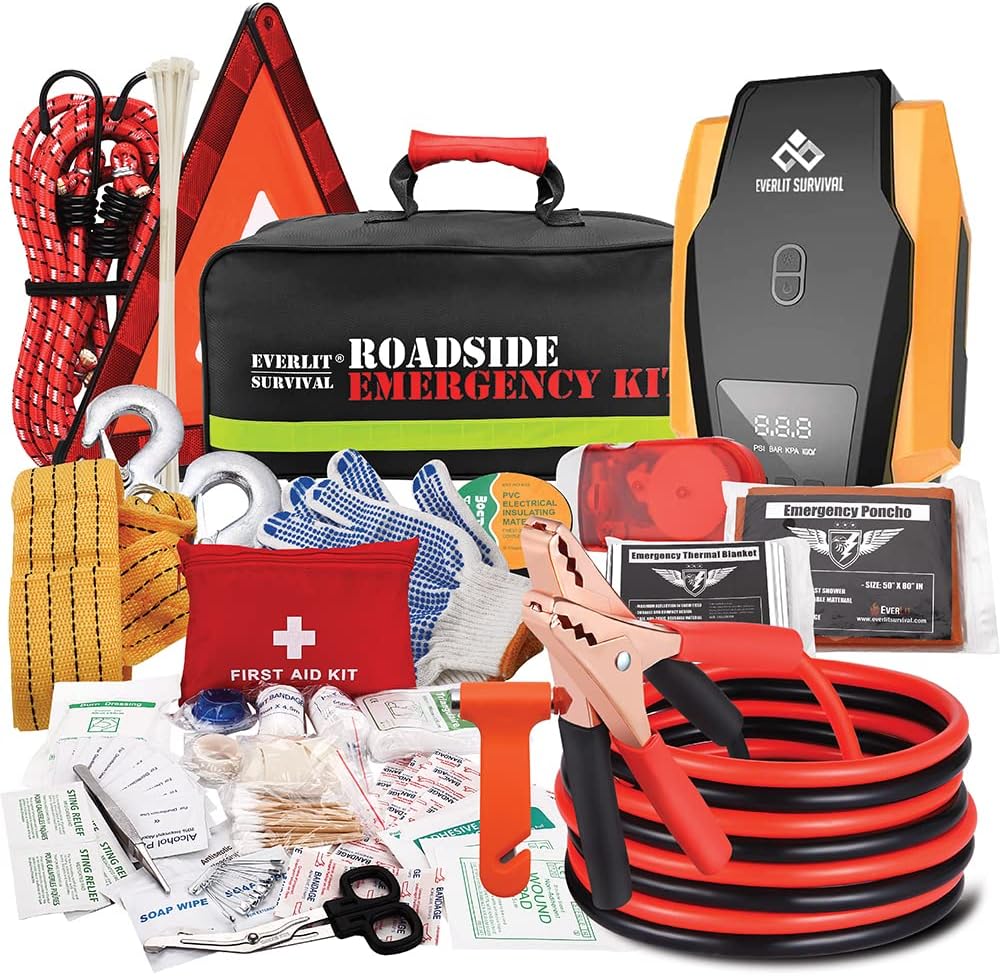 Everlit Roadside Emergency Kit Everlit roadside emergency kit with jumper cables, first aid kit, tow strap and warning triangle
