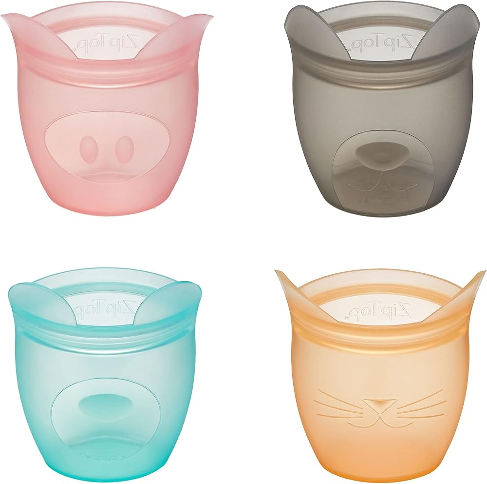 Zip Top Silicone Snack Containers Four Zip Top silicone kids snack containers with animal faces in pink, gray, teal and orange