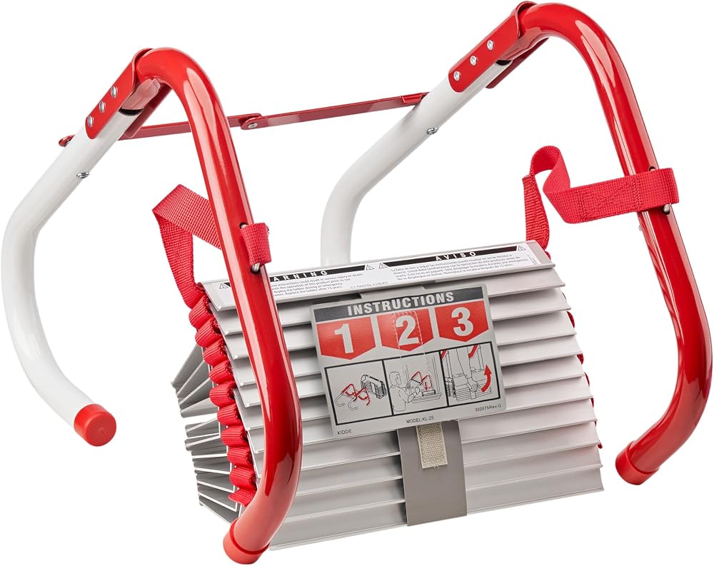 Kidde 2-Story Fire Escape Ladder Kidde two-story fire escape ladder folded with red window hooks