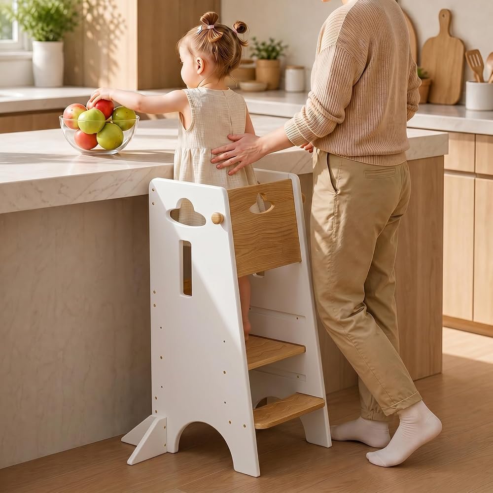 COSYLAND Toddler Learning Tower COSYLAND wooden toddler learning tower in natural and white with three adjustable standing heights