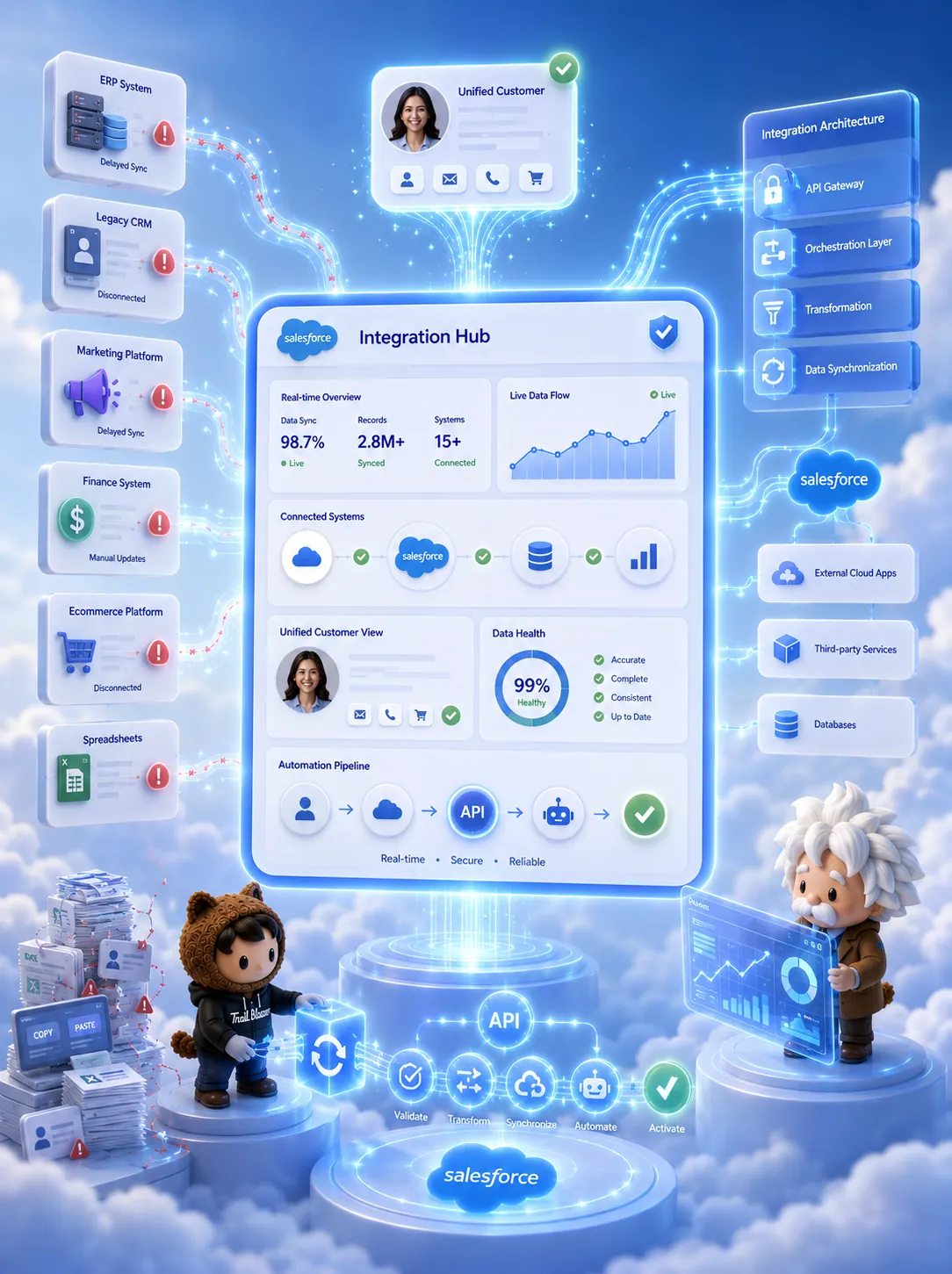 Salesforce API integration and system integration services for connecting ERP, CRM, marketing platforms, databases, and third-party applications.