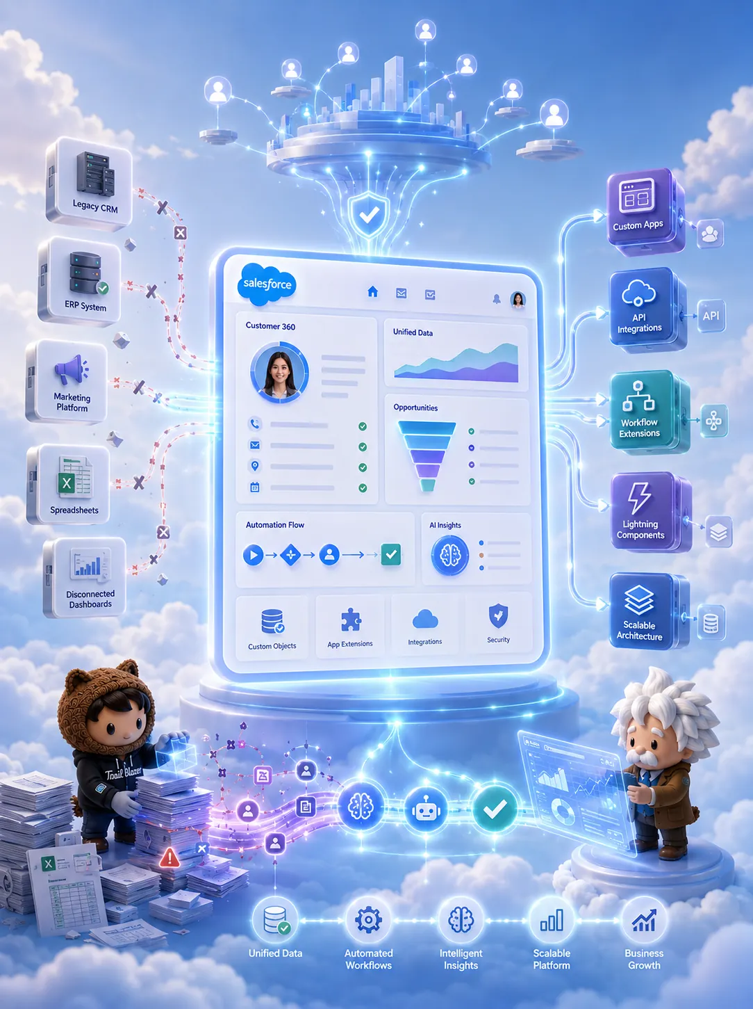 Illustration of Salesforce Customer 360 integrating various systems, automated workflows, AI insights, and scalable platform for unified data and growth.