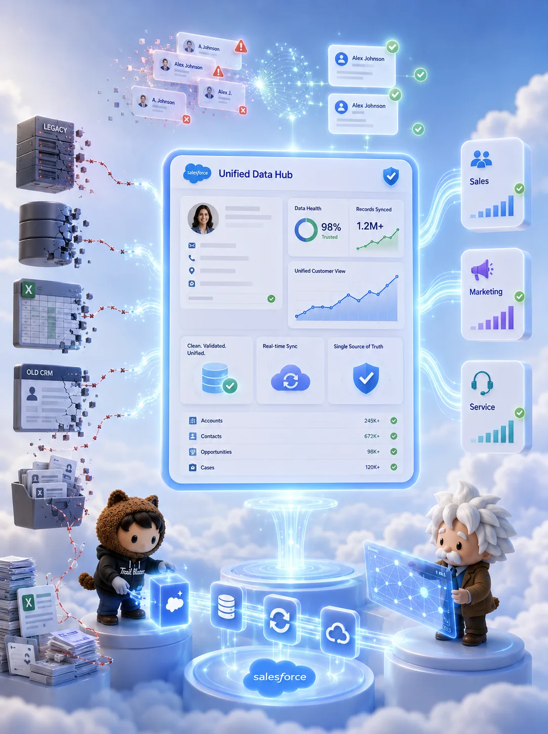 Salesforce data migration and integration services for migrating legacy CRM, spreadsheets, and databases into a unified customer data platform.