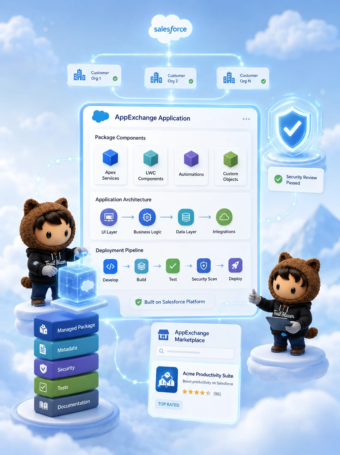 Salesforce AppExchange app development services including custom application design, managed package creation, security review, and marketplace deployment.