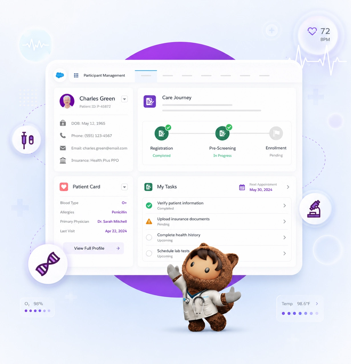Salesforce Health Cloud solutions that connect patient data, streamline care coordination, and enhance healthcare experiences through personalized care journeys and intelligent case management.