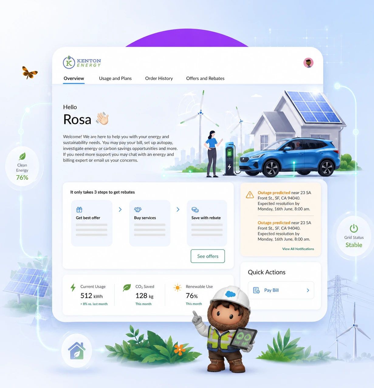 Salesforce Energy and Utilities Cloud solutions that help energy providers deliver personalized customer experiences, manage service operations, support sustainability initiatives, and optimize energy consumption.
