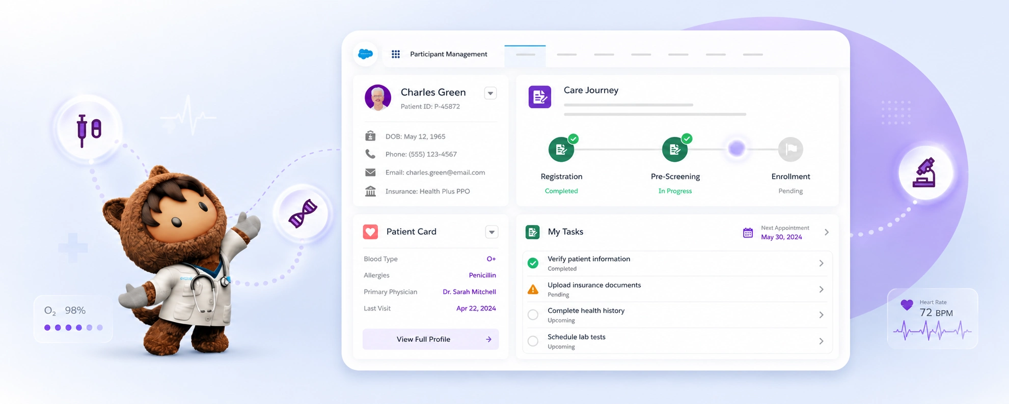 Salesforce Health Cloud solutions that connect patient data, streamline care coordination, and enhance healthcare experiences through personalized care journeys and intelligent case management.