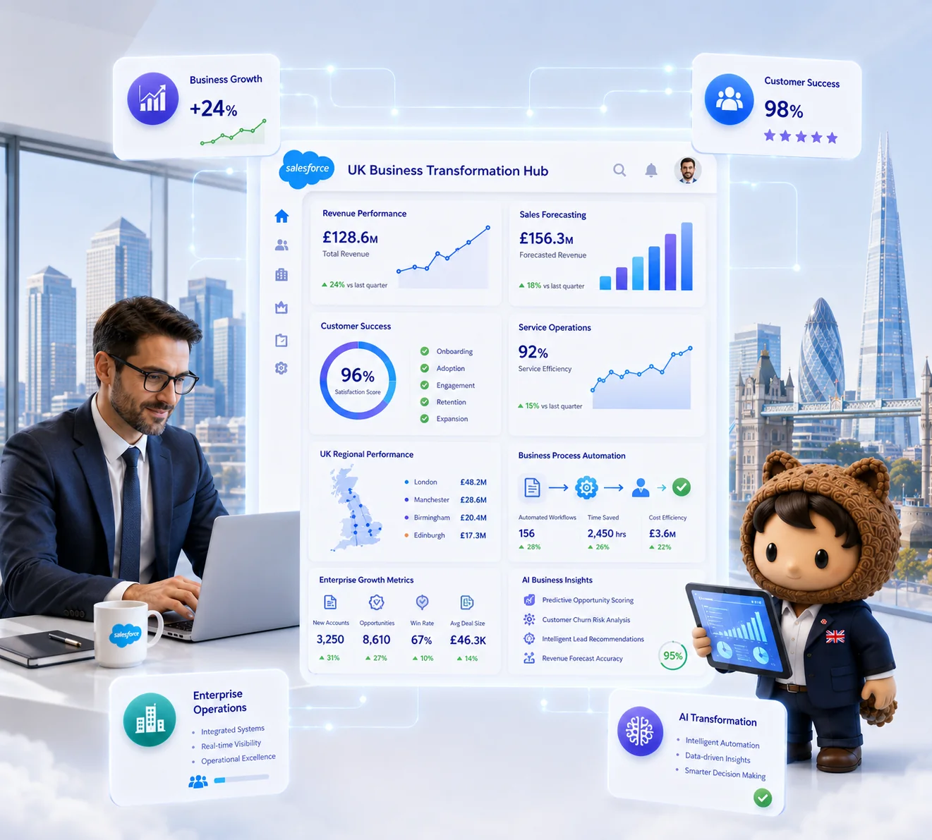 A businessman and a mascot view a digital UK business dashboard showing revenue, sales, customer success, AI insights, and growth metrics with London skyline.