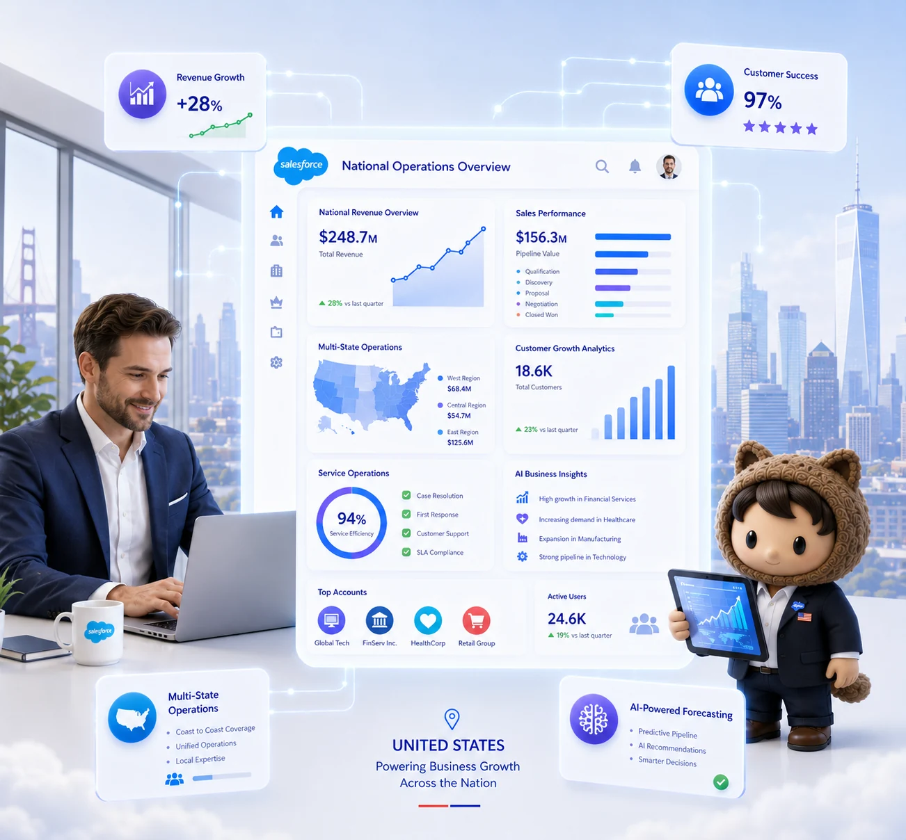 Business dashboard showing US sales, revenue growth, customer success, AI insights, and a man and Salesforce character with a city skyline background.