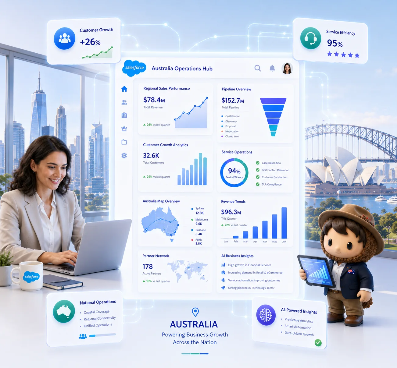 Dashboard showing Australia Operations Hub with sales, customer growth, service efficiency, and AI business insights, alongside city and Sydney Opera House views.